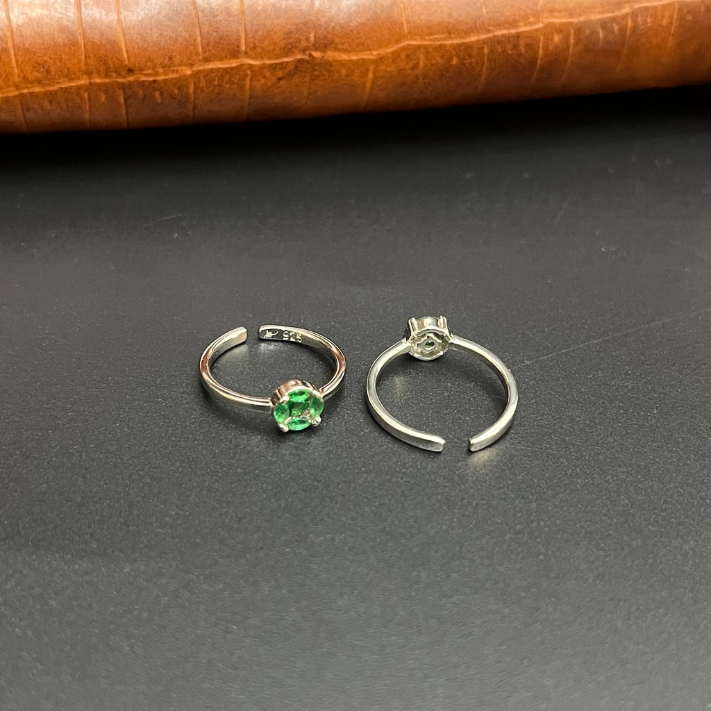 Silver Ladies Toe Rings Green Circle Stones 925