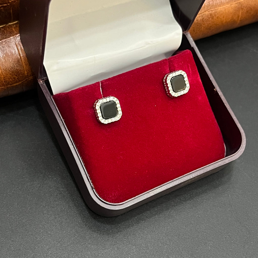 Silver Mens Stud Classic Square Black Crystal 925