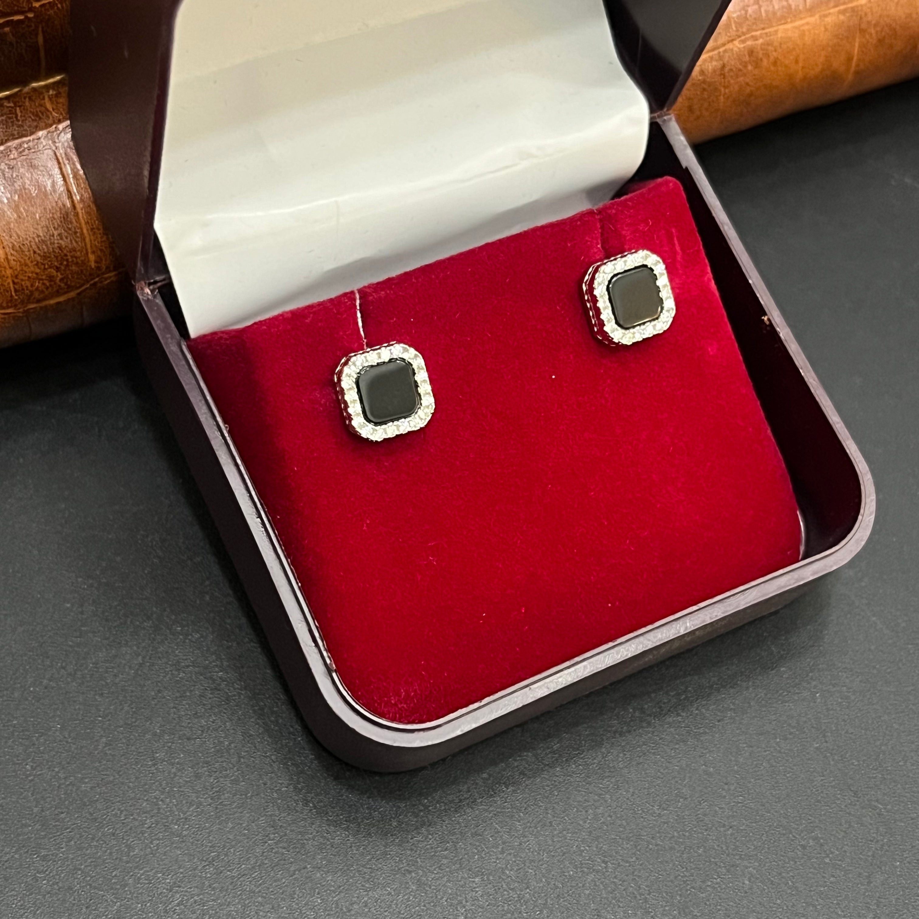 Silver Mens Stud Classic Square Black Crystal 925