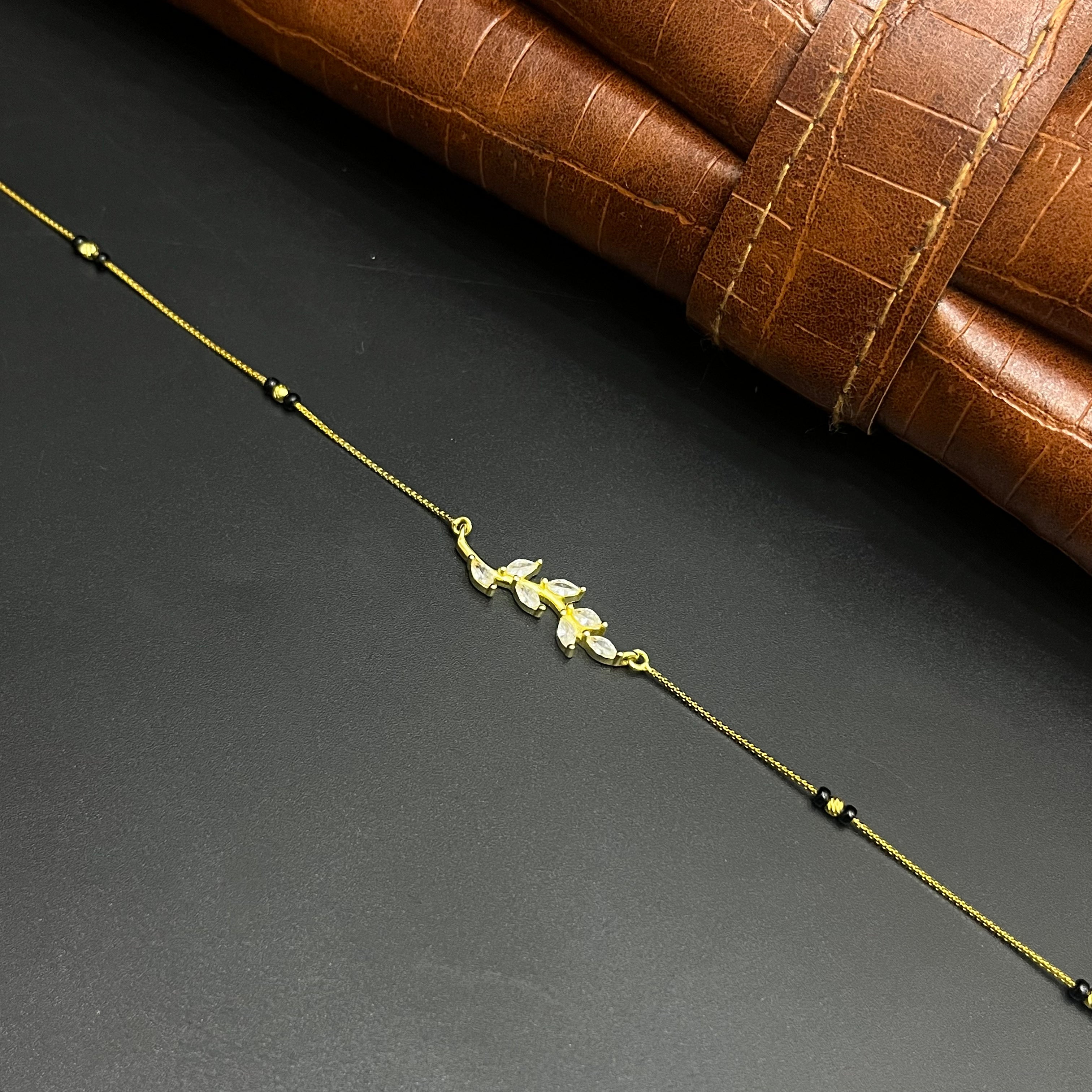 Silver Ladies Chain Black Beeds Petal Leaf Gold Finish 925