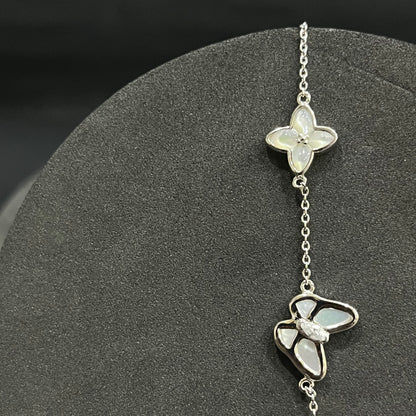 Silver Ladies Bracelet Pearl Clover & Butterfly