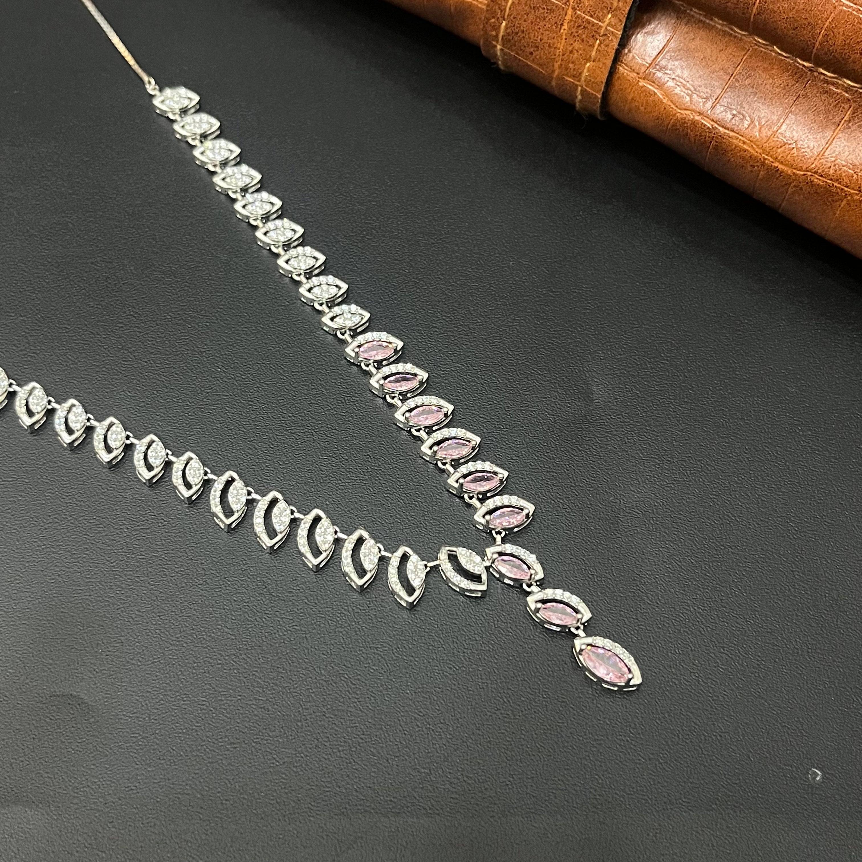 Silver Neckalce Leaf design Cz American Diamond Stones