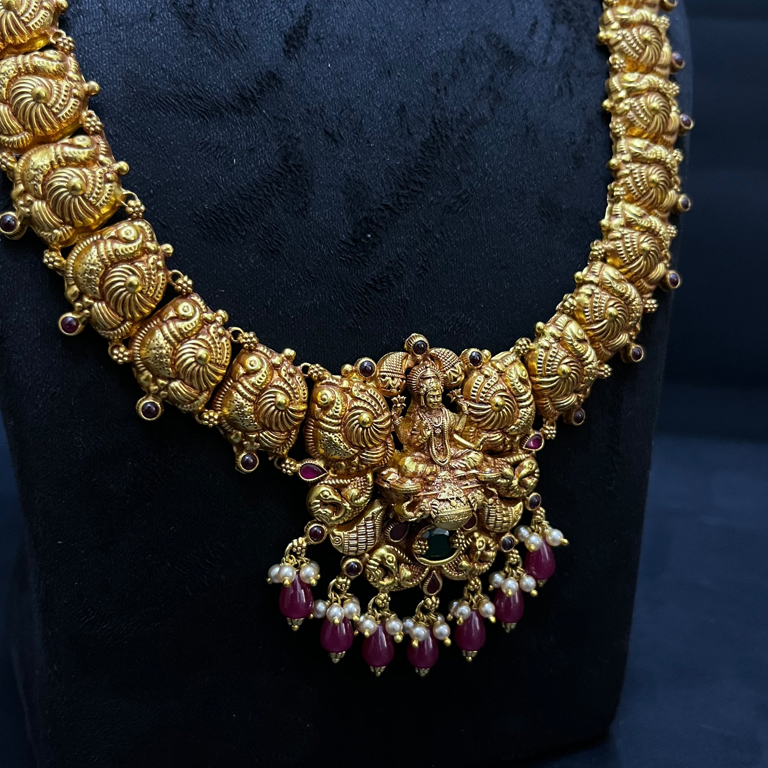 Silver Ladies Necklace And Haram Antique Lakshmi Devi Pink Nakshatra Gold Finish 925