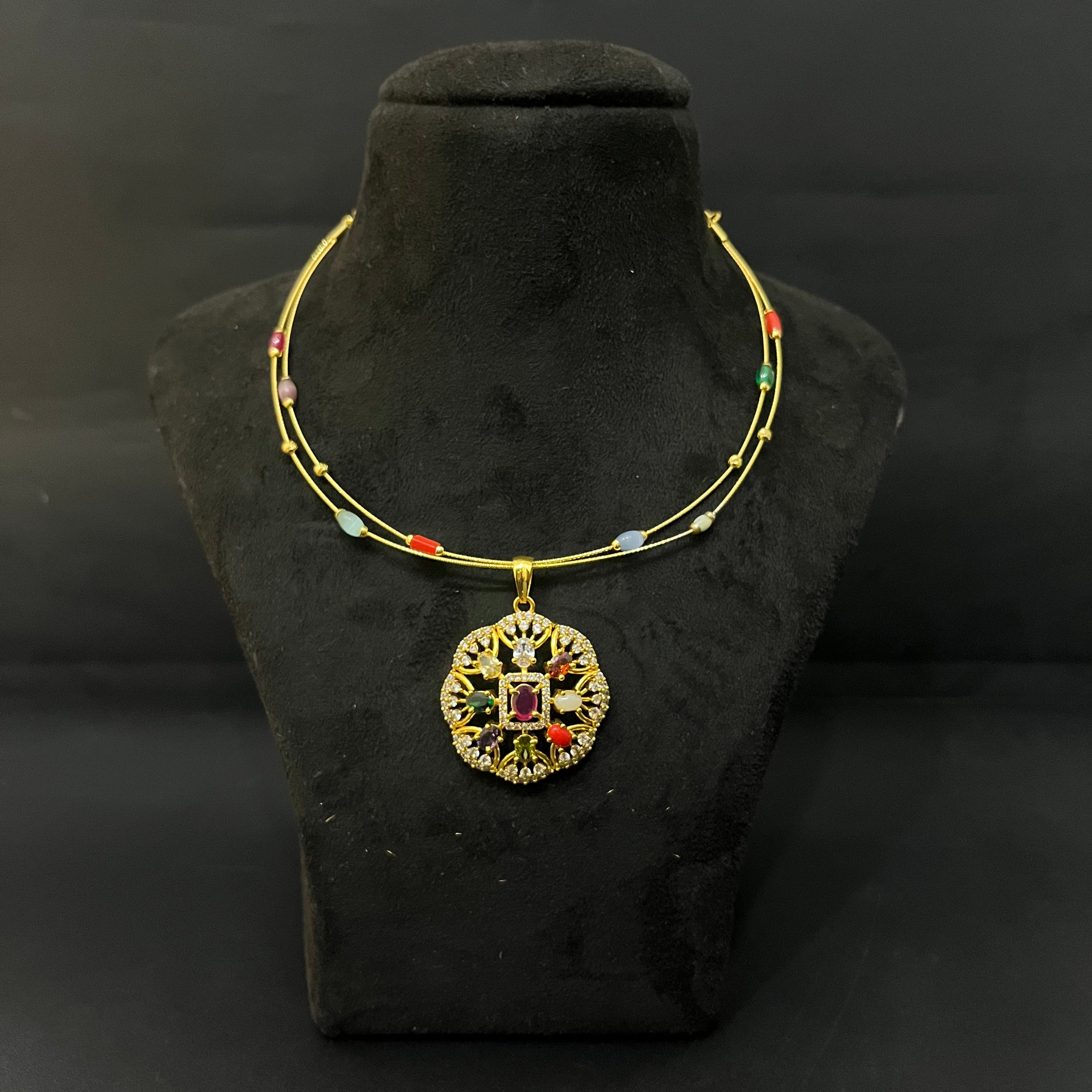 Silver Necklace Gold Finished Navratna Stones DS01