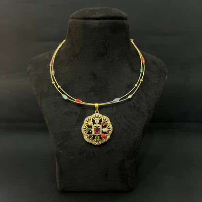 Silver Necklace Gold Finished Navratna Stones DS01