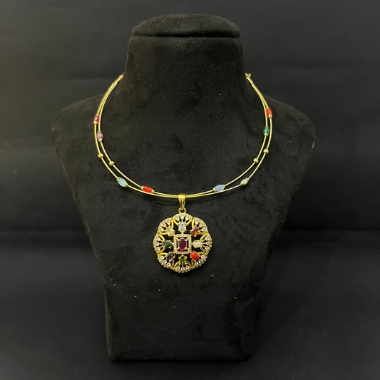 Silver Necklace Gold Finished Navratna Stones DS01