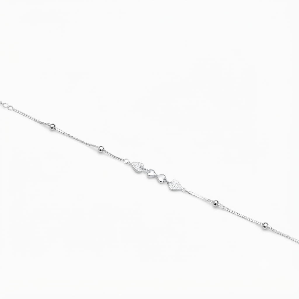 Silver Ladies Bracelet White Stones Heart & Beads 1 925