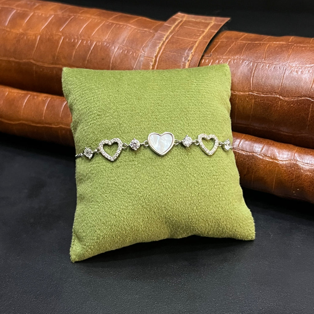 Silver Ladies Bracelet Three Hearts Diamond Link 925