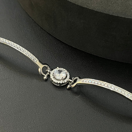 Silver Ladies Bracelet Dual Kada With American Diamond Oval