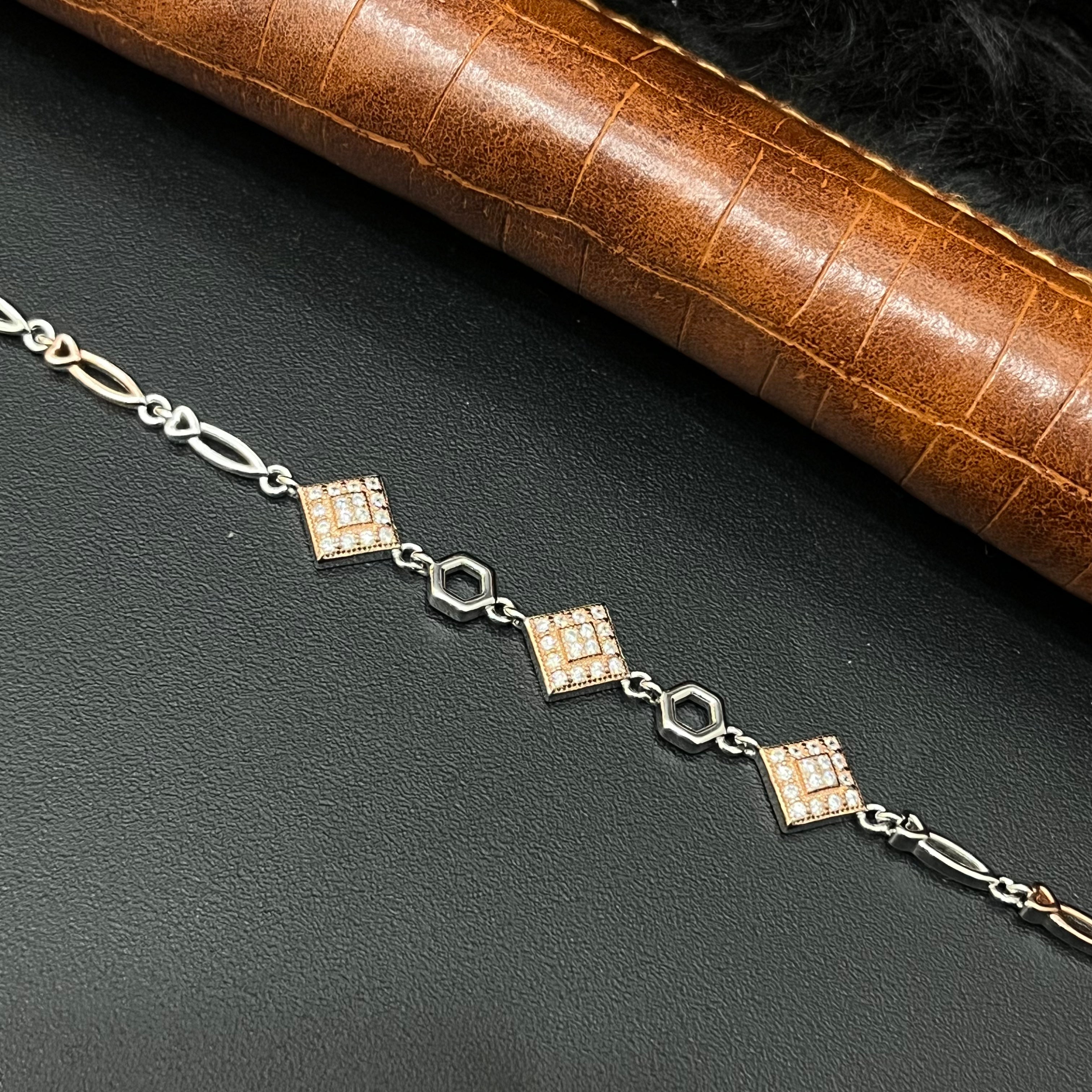Silver Ladies Bracelet Tri Heaxagoan Rosegold