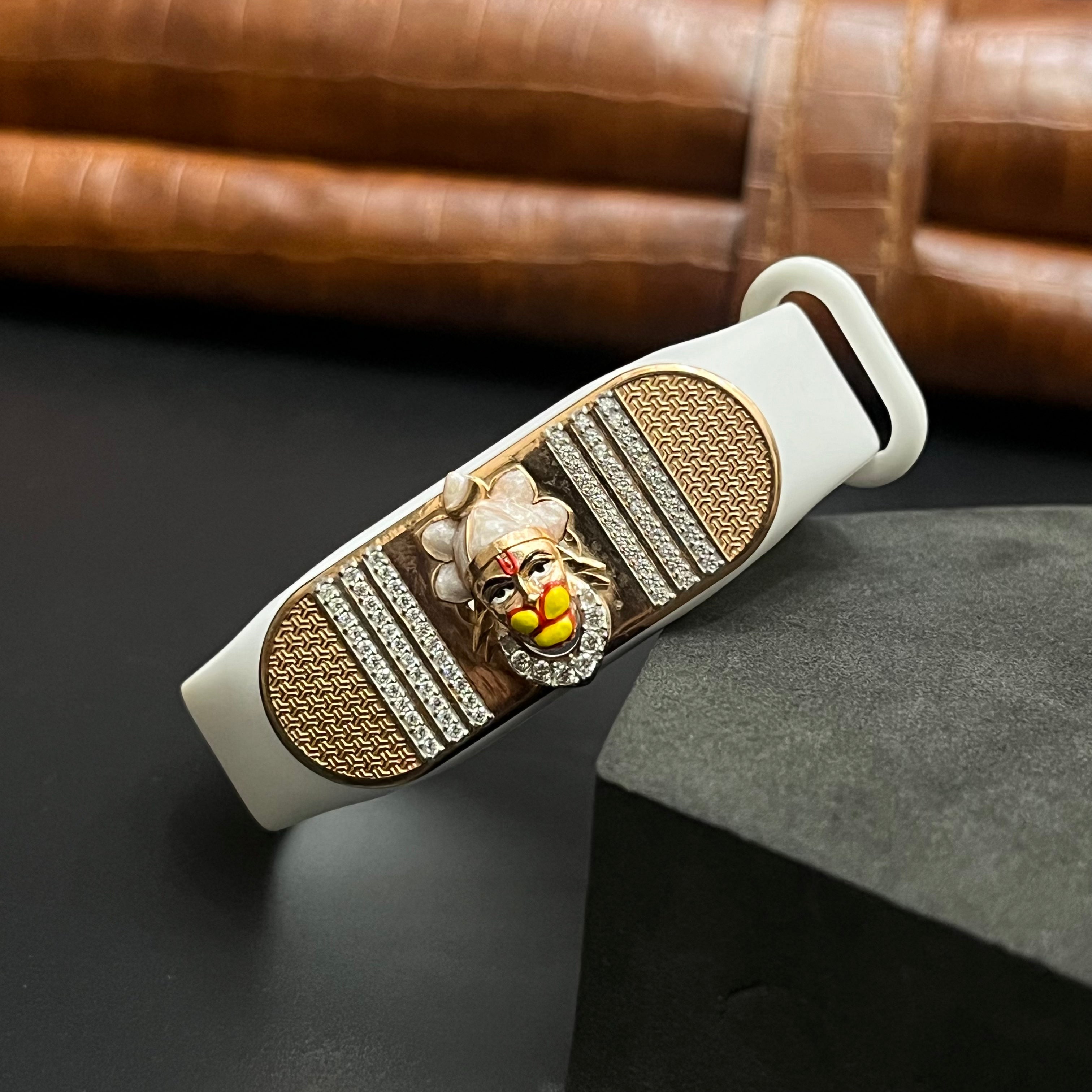 Silver Mens Band Adjustable Veer Hanuman Face With Stones Gold Finish 925
