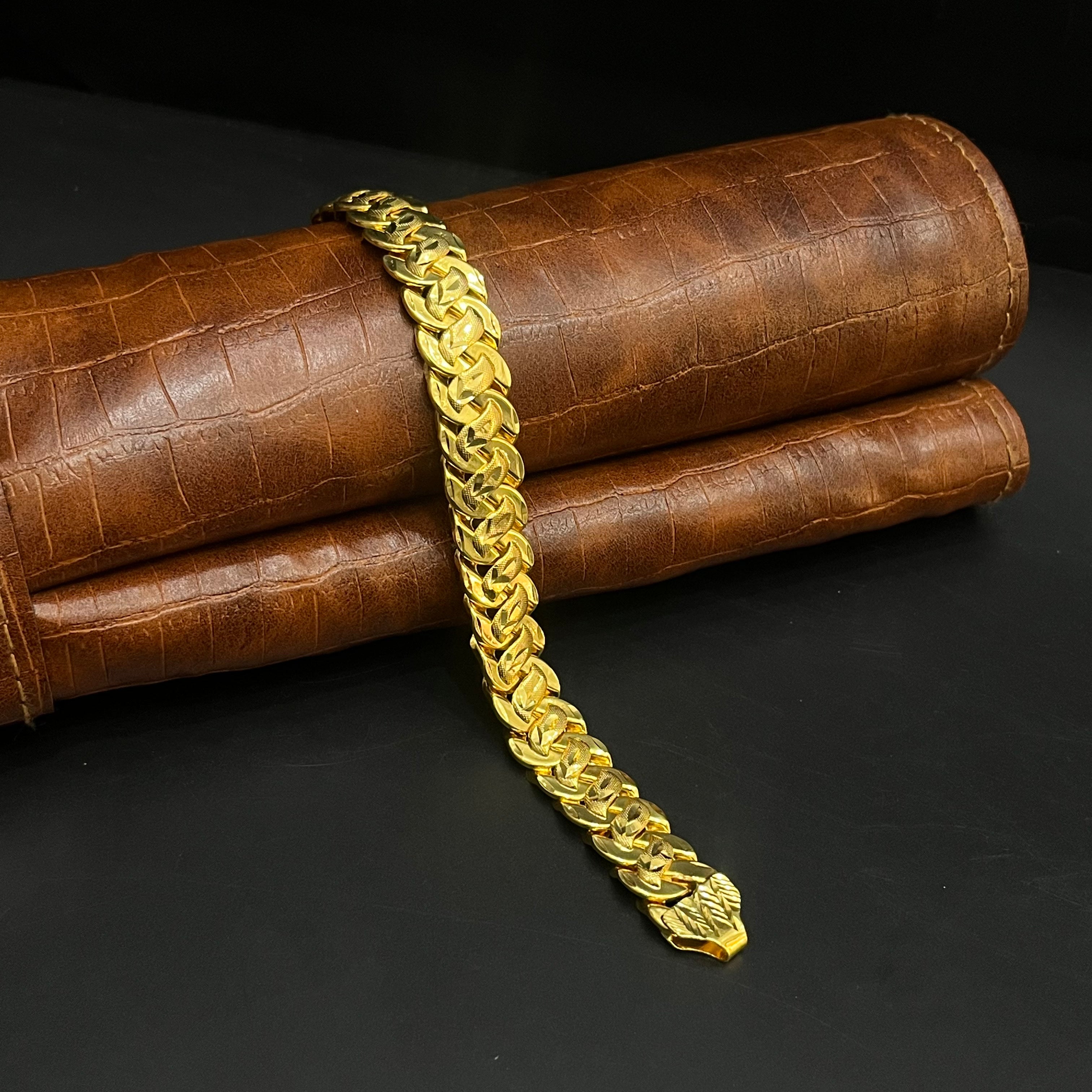 Silver Mens Bracelet Classic Sculpted Leaf Gold Finish 925