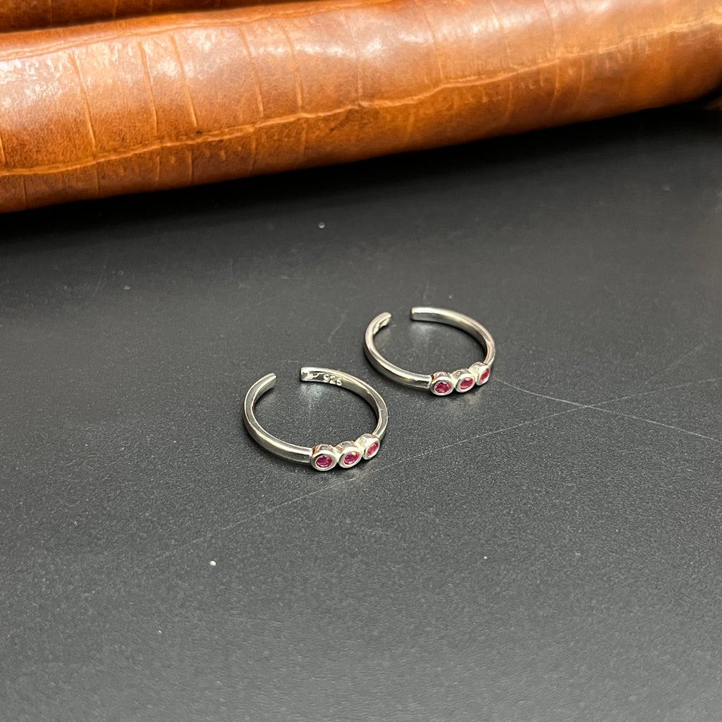 Silver Ladies Toe Rings 3 Pink Stones 925