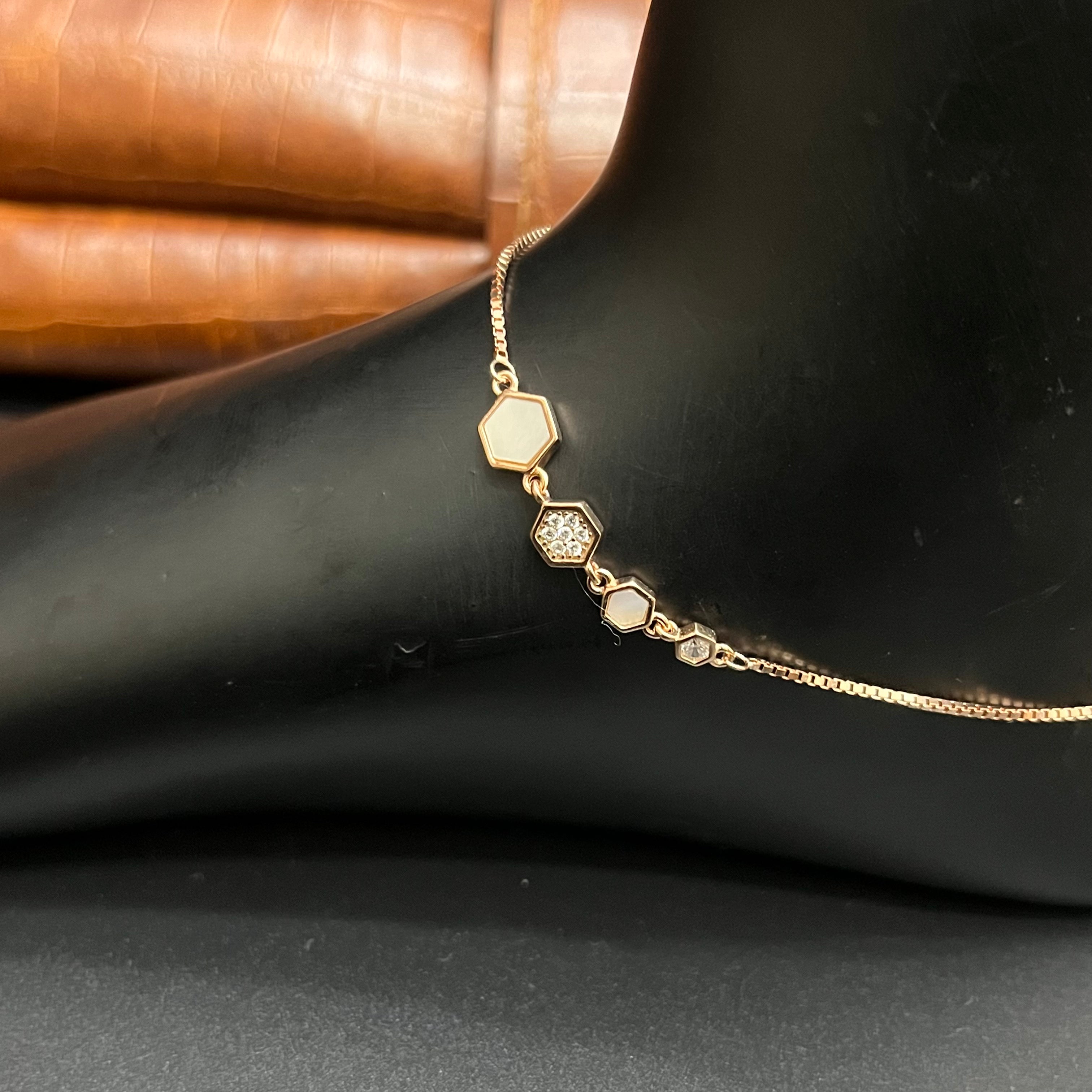 Silver Ladies Anklet Royal Hexagon Charm Rose Gold 925