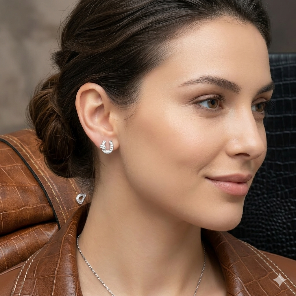 Silver Ladies Stud  U White Stone