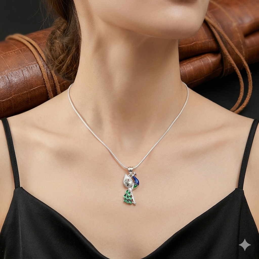 Pure Silver Vel  Peacock Pendant with Colorful Feathers(pendant only)