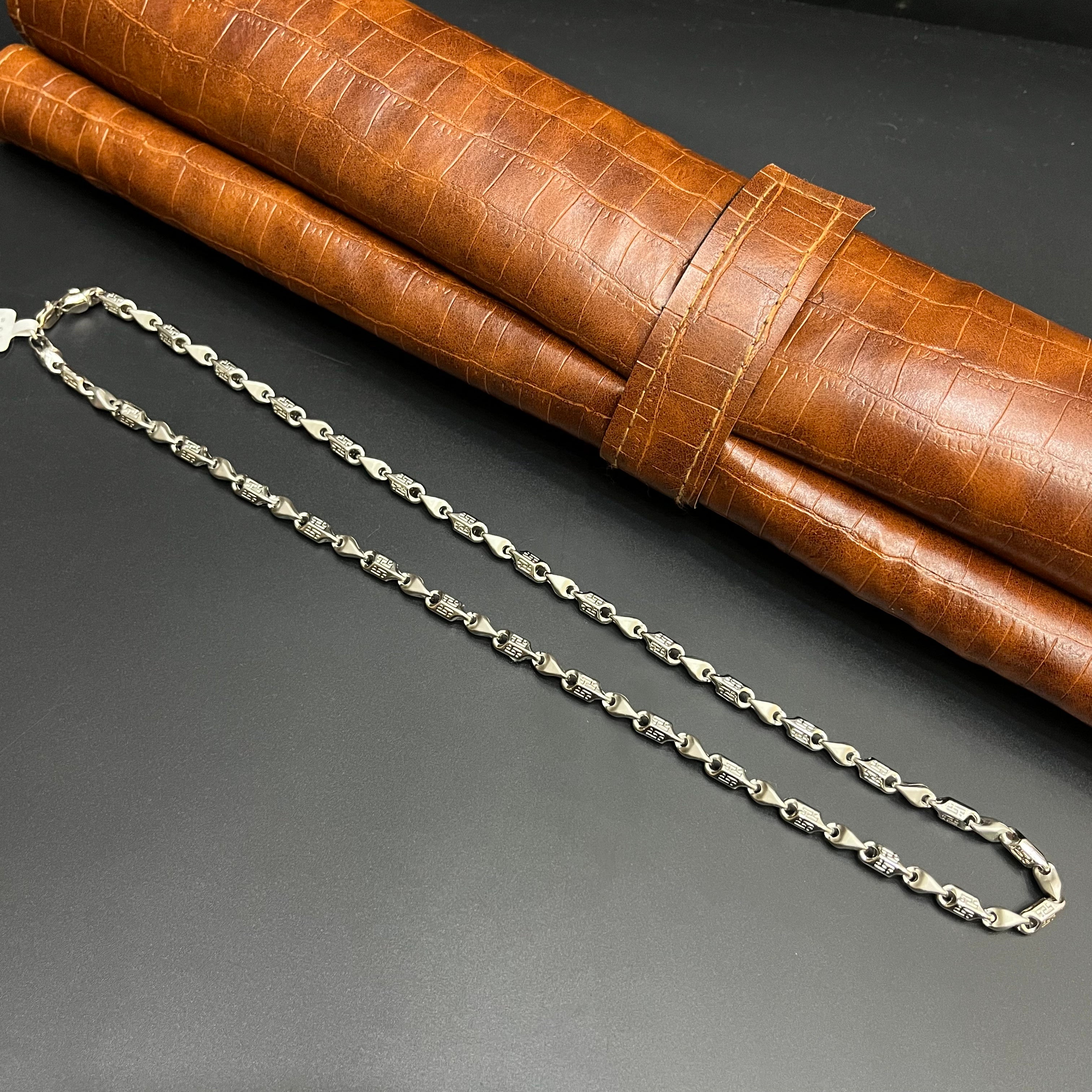 Silver Mens Chain Greek Key Signature Mat Finish 925