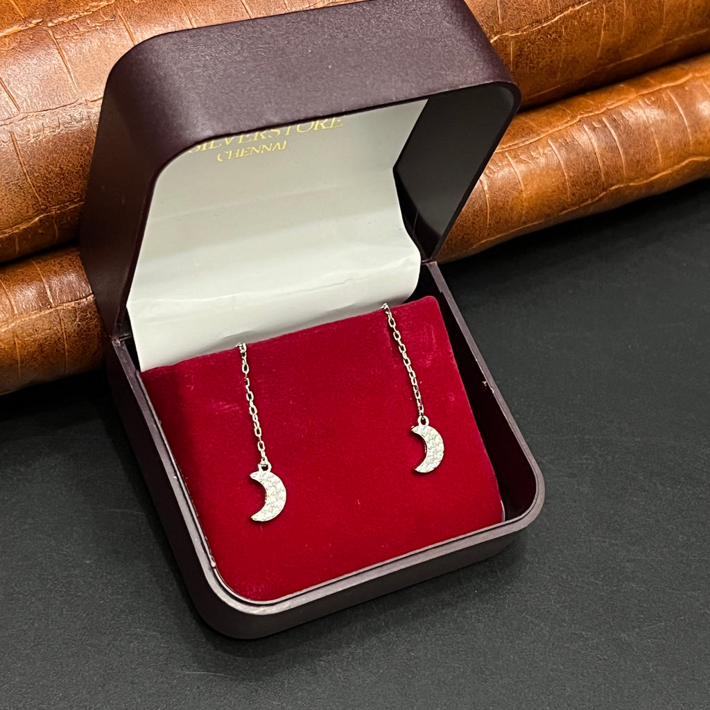Silver Ladies Sui Daga Stud Hanging Moon Charms 925