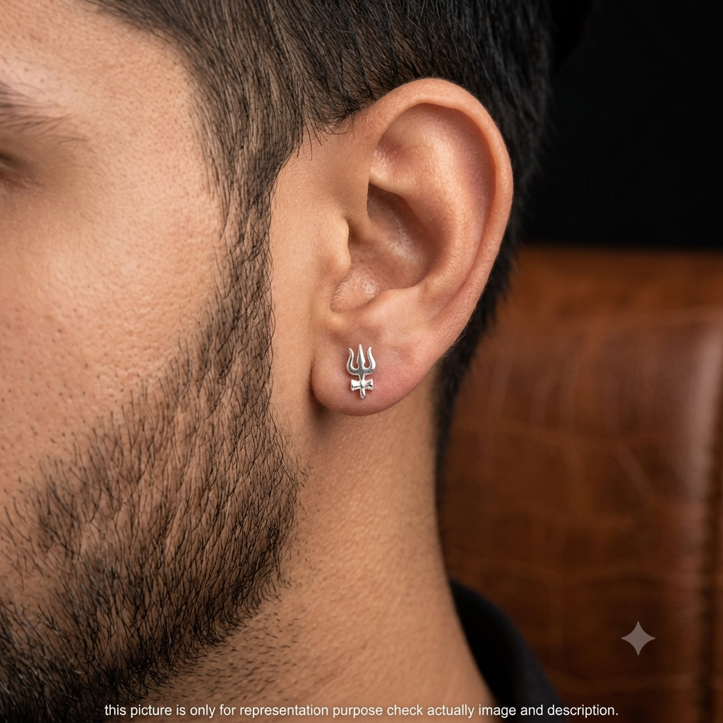 Silver Mens Trishul Stud Single Ear 925
