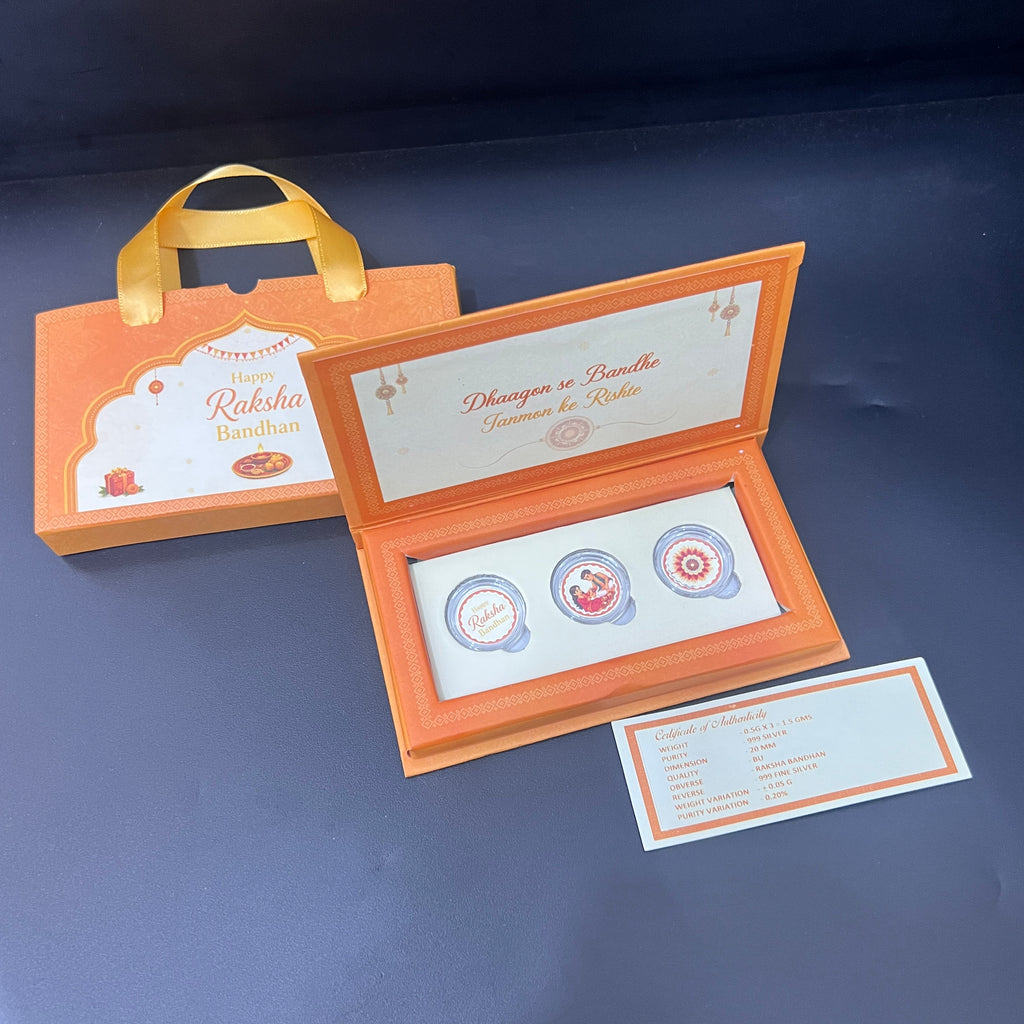 Silver Raksh Bandhan Gift Box 3 Coin Set 999