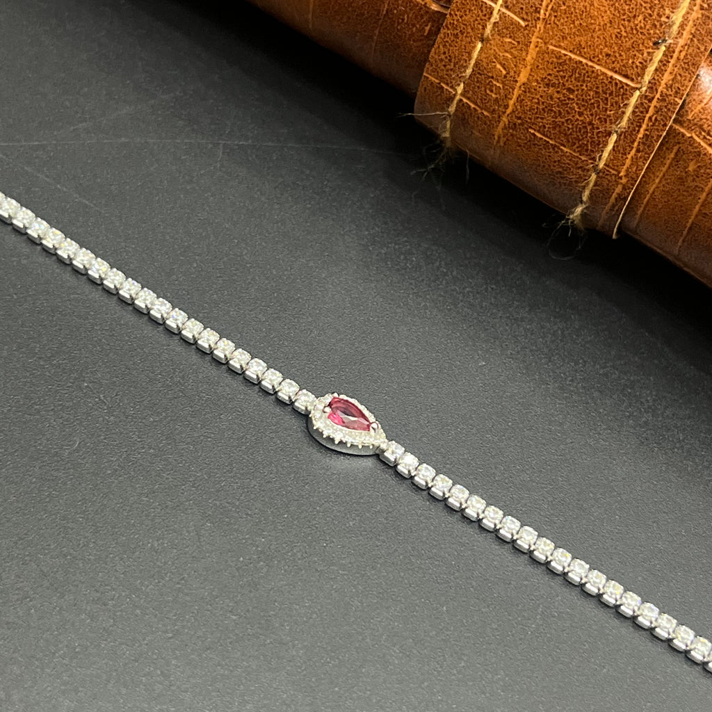 Silver Ladies Bracelet Red Gemstone Crystals Lines 925