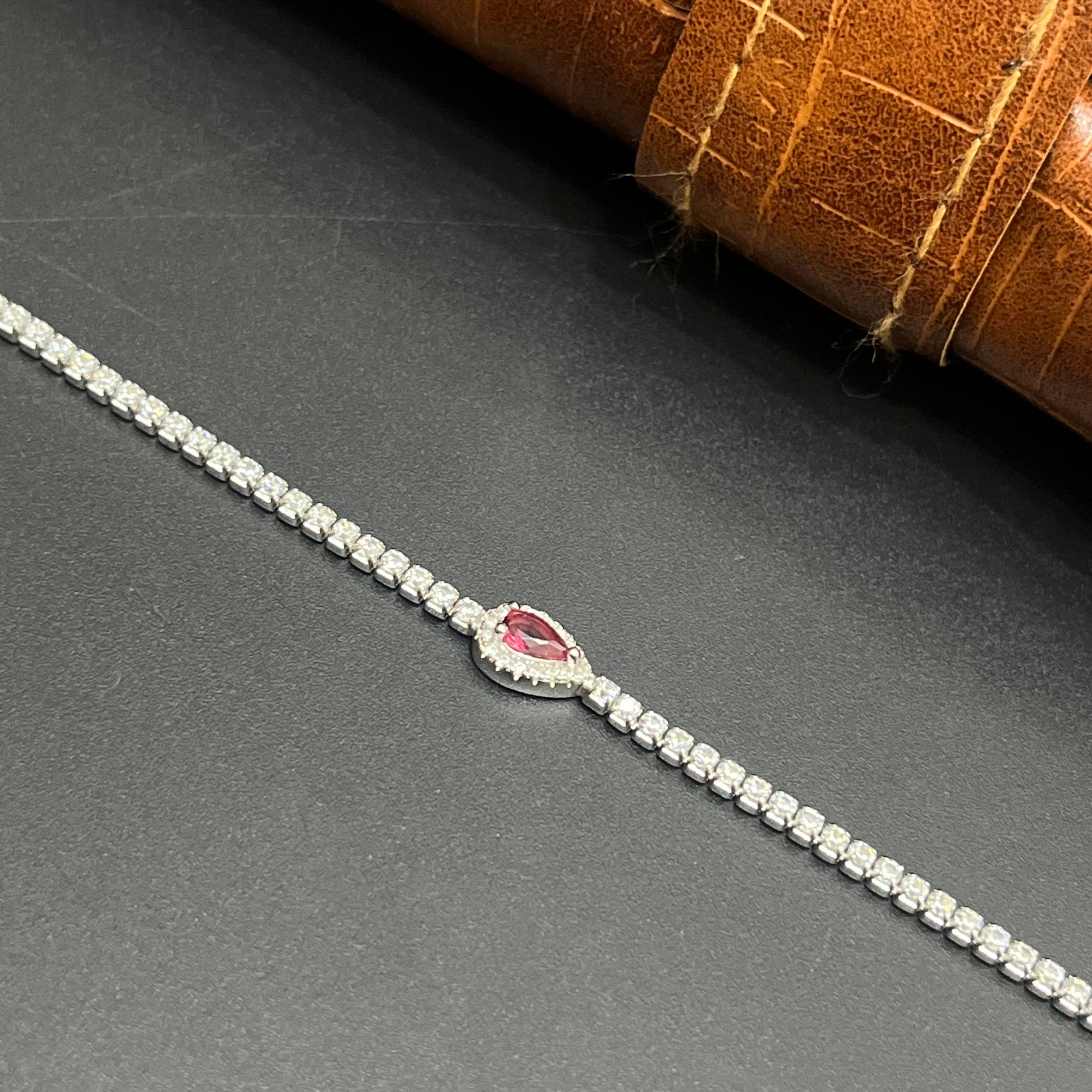 Silver Ladies Bracelet Red Gemstone Crystals Lines 925