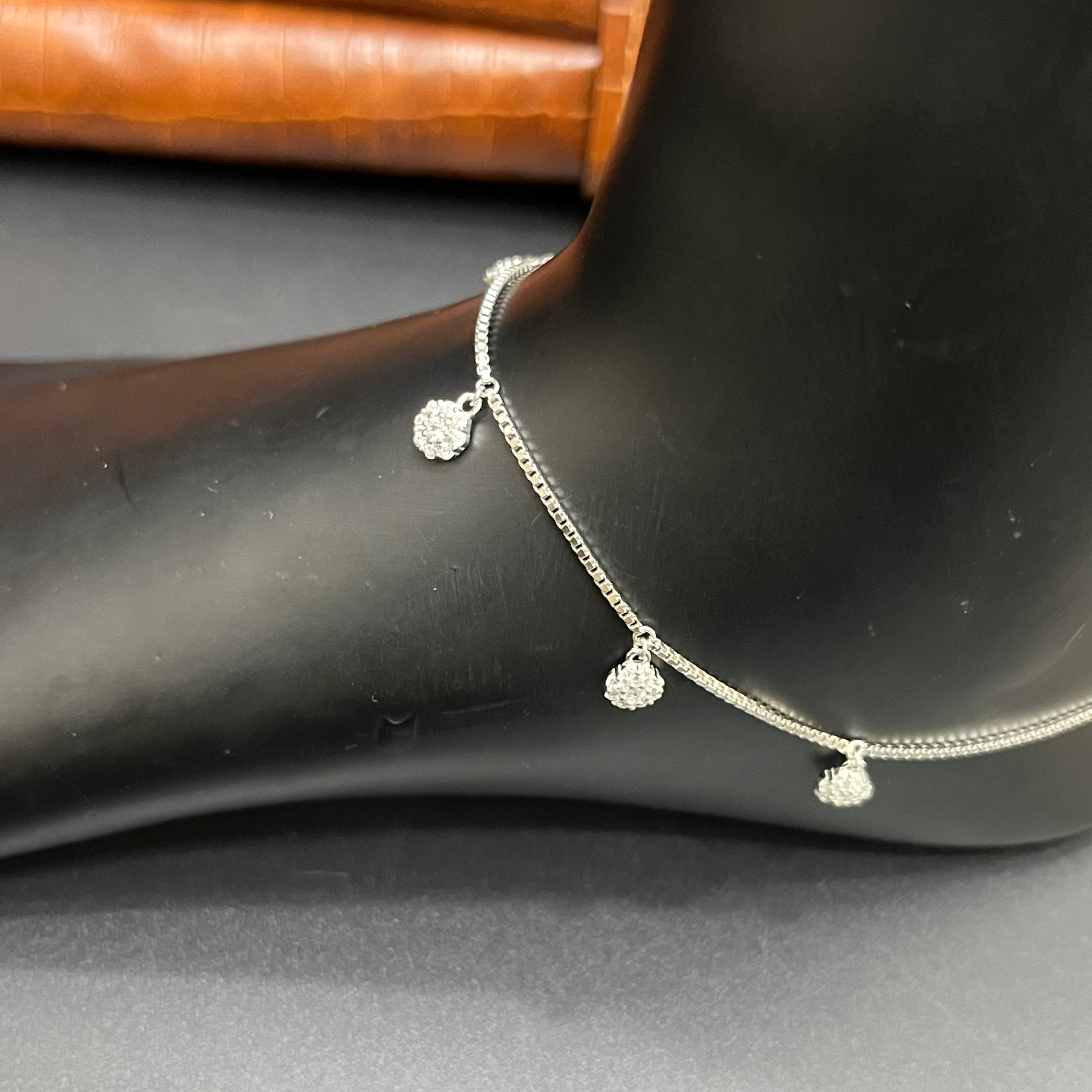 Silver Ladies Anklet Floral Drop Stones 925