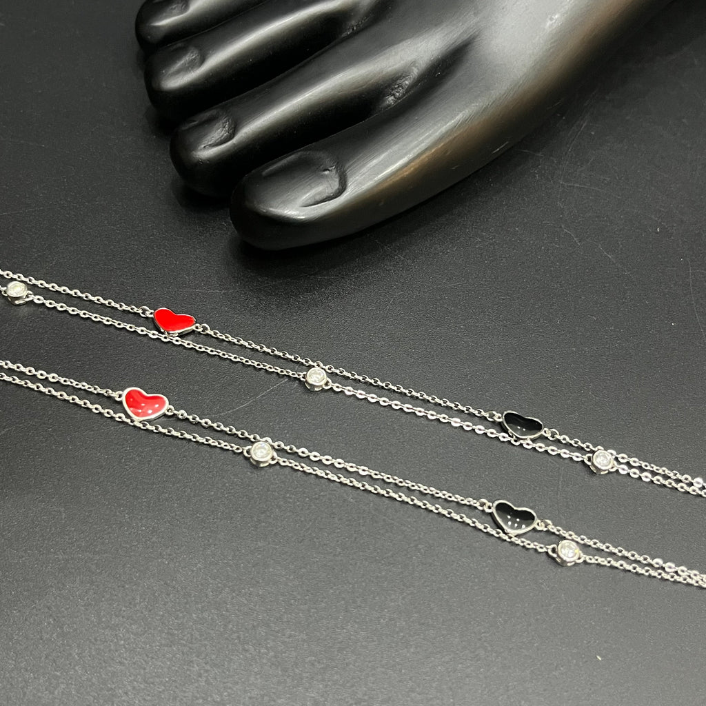 Silver Ladies Anklet Enamel Heart & Solitaire Stone 925