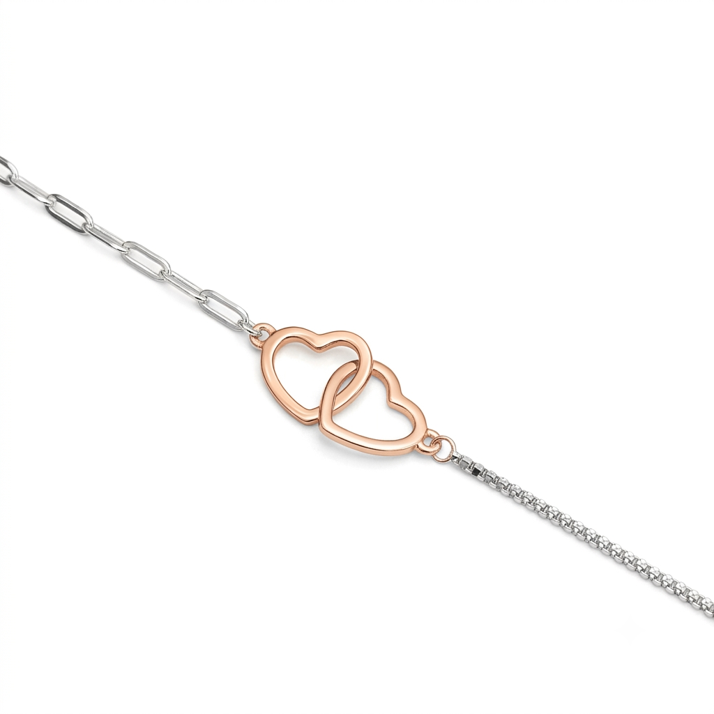 Silver Ladies Bracelet Two Heart Together 1  Rose Gold & Layer Silver One 925