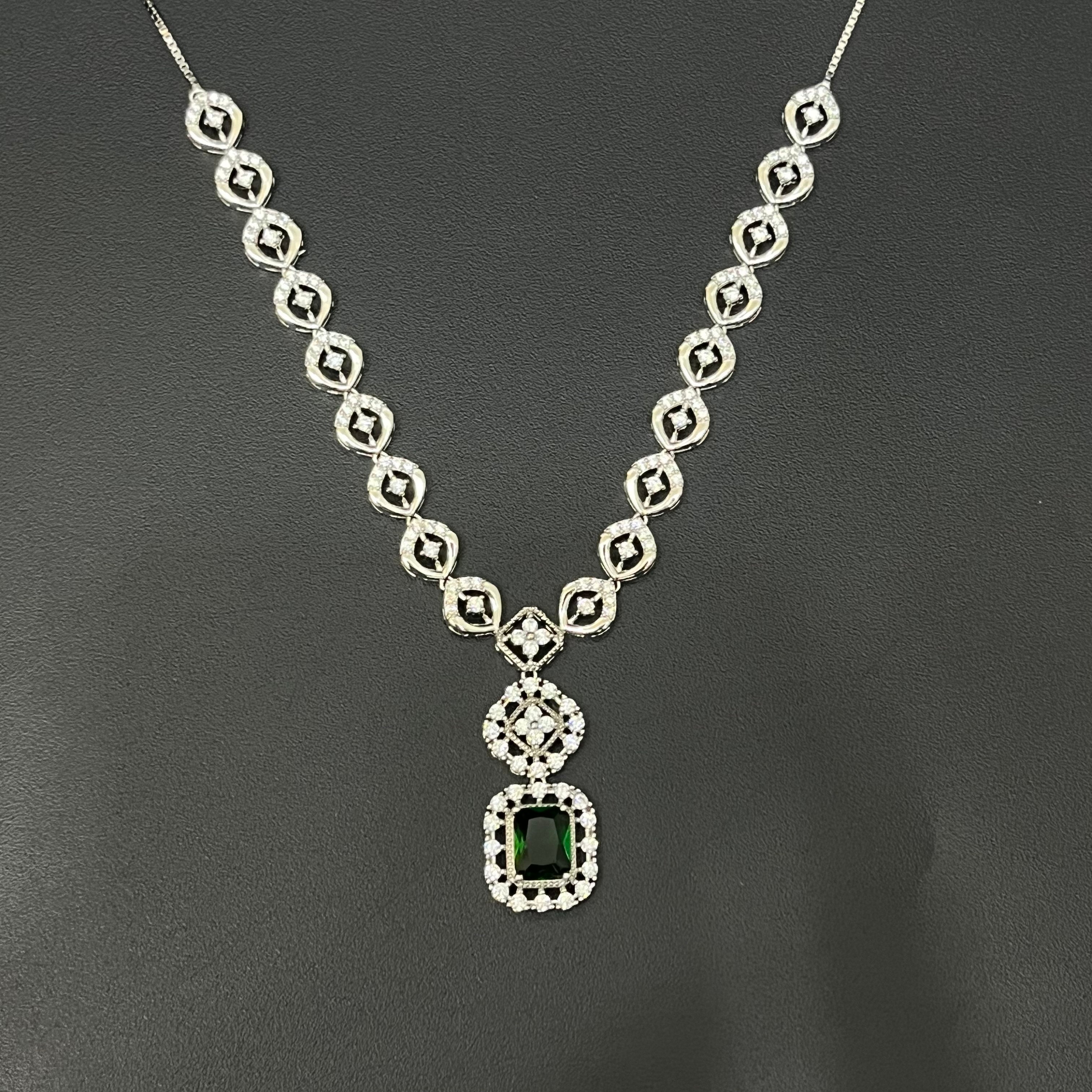 Pure Silver CZ American Diamond Necklace with Emerald Drop Stones