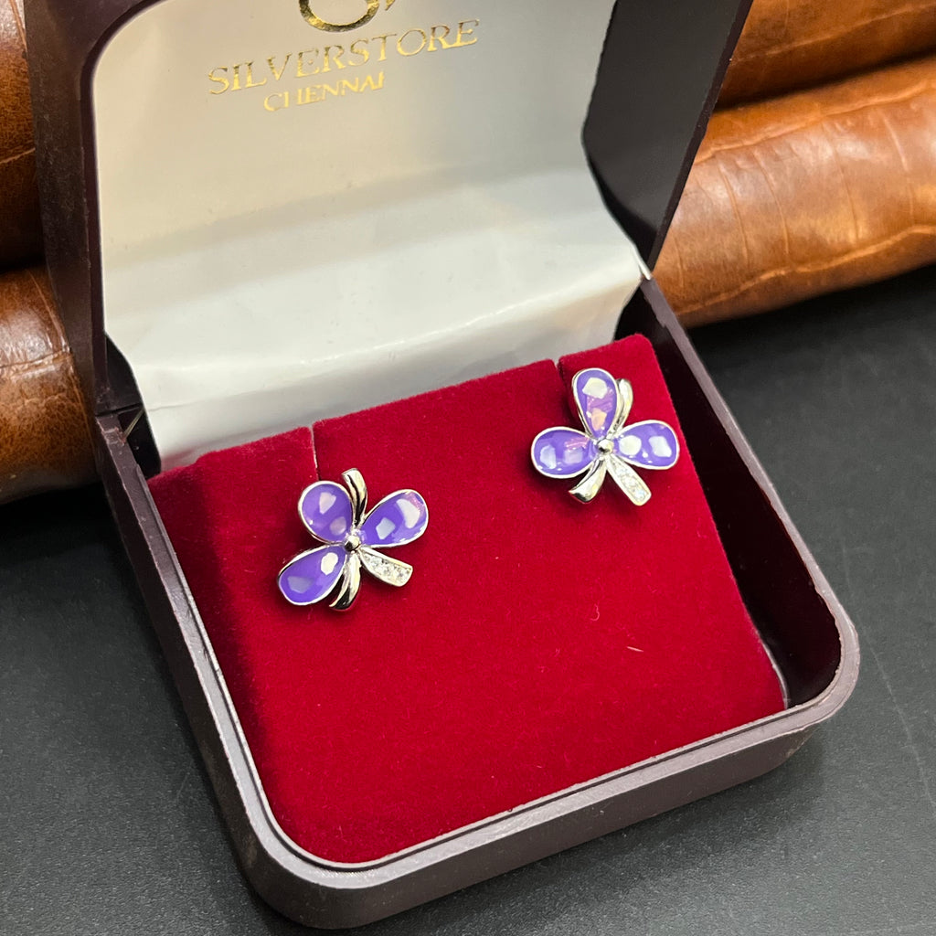 Silver Ladies Stud Royal Purple Floral Charm 925
