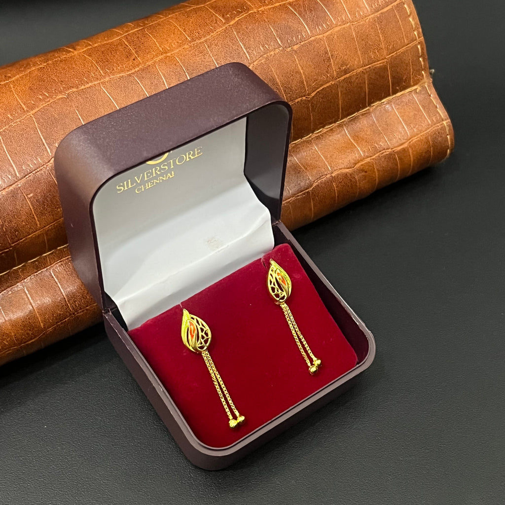 Silver Ladies Stud Leaf Two Line Chain Drop Gold Finished 925