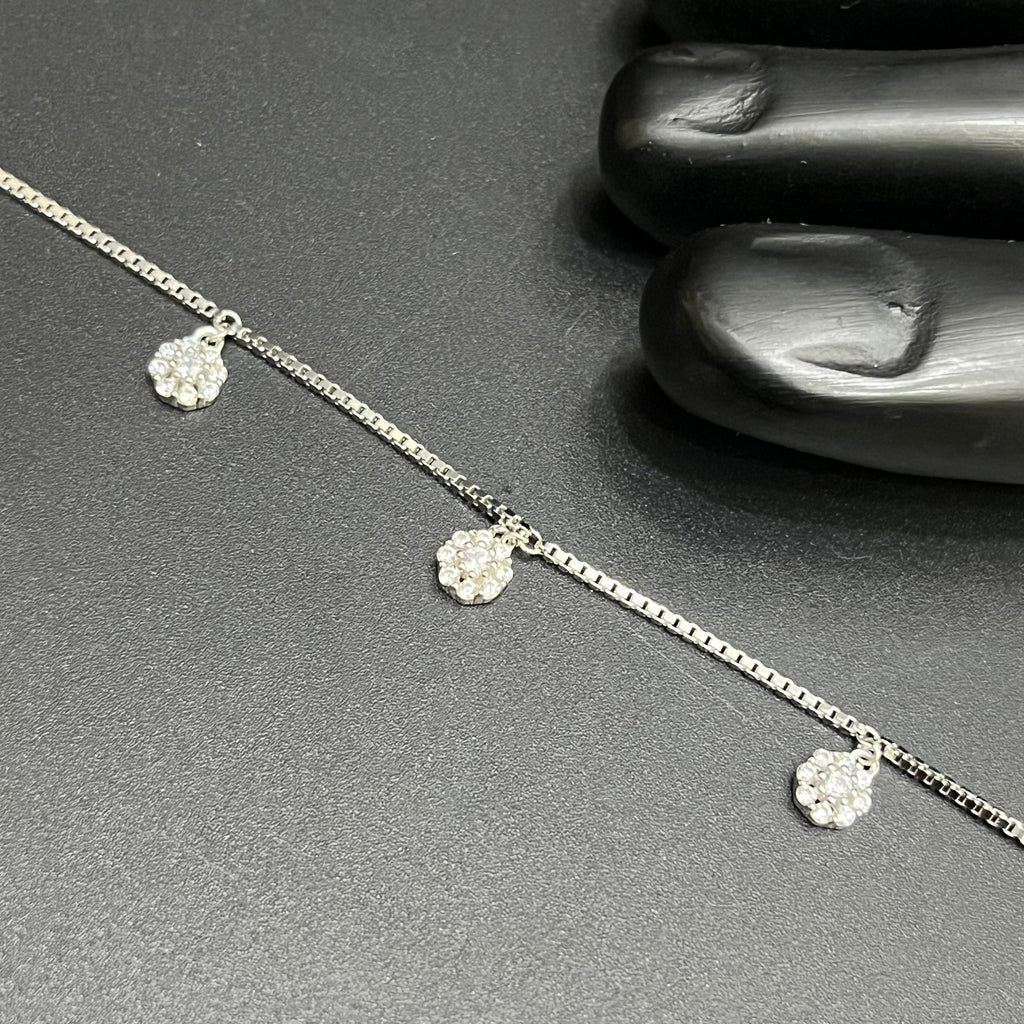 Silver Ladies Anklet Floral Drop Stones 925