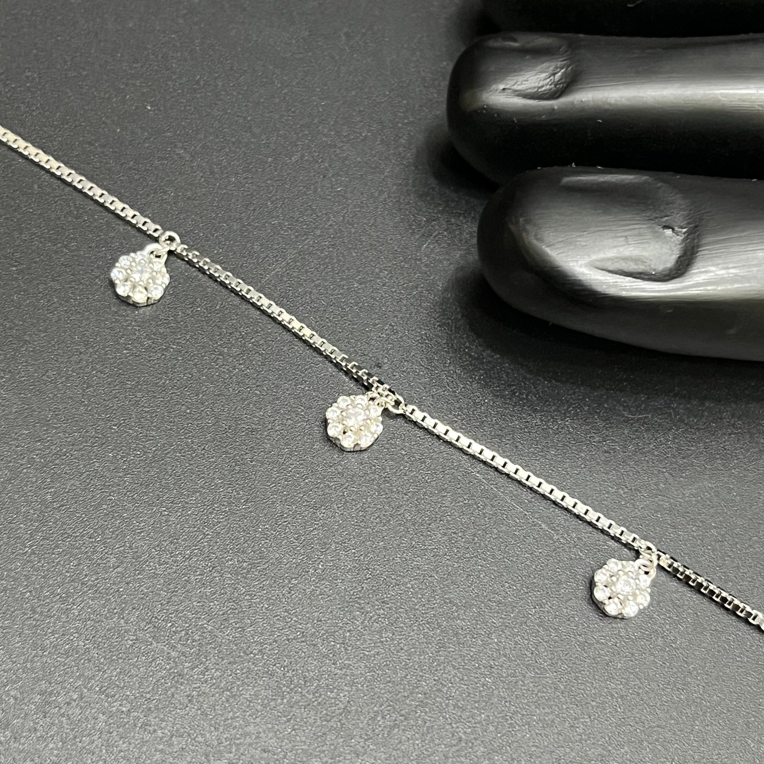 Silver Ladies Anklet Floral Drop Stones 925