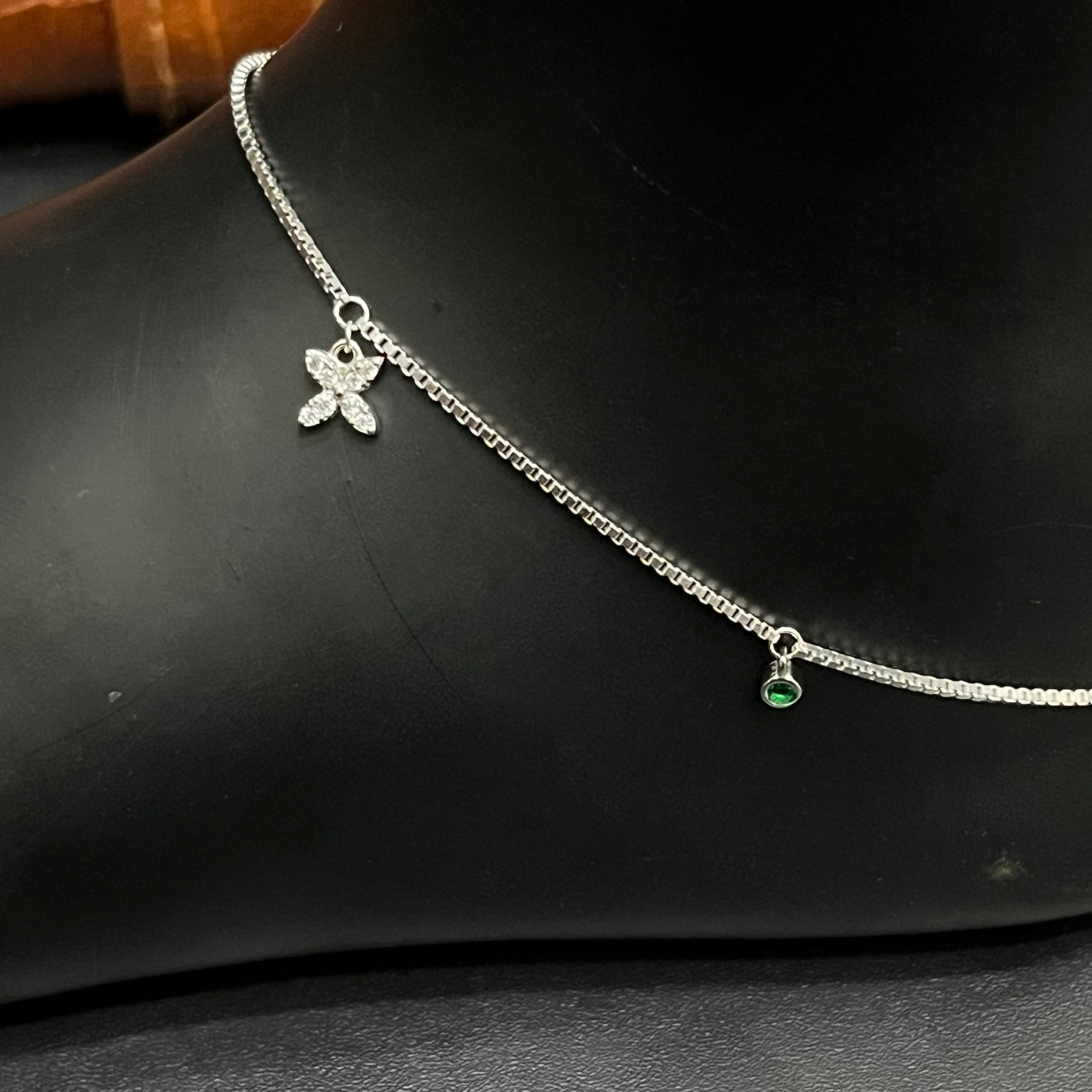 Silver Ladies Anklet Butterfly Grace Green Stone 925