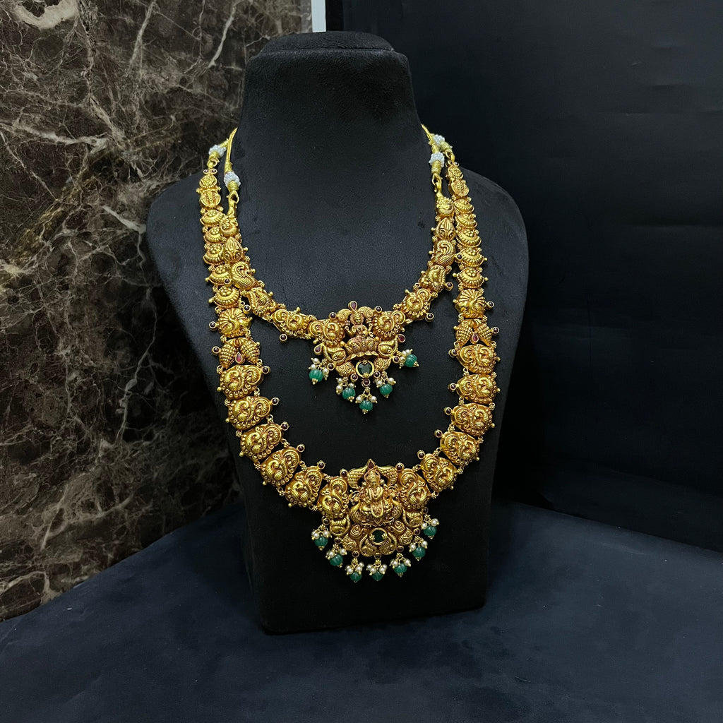 Silver Ladies Necklace And Haram Antique Lakshmi Devi Green Nakshatra Gold Finish 925