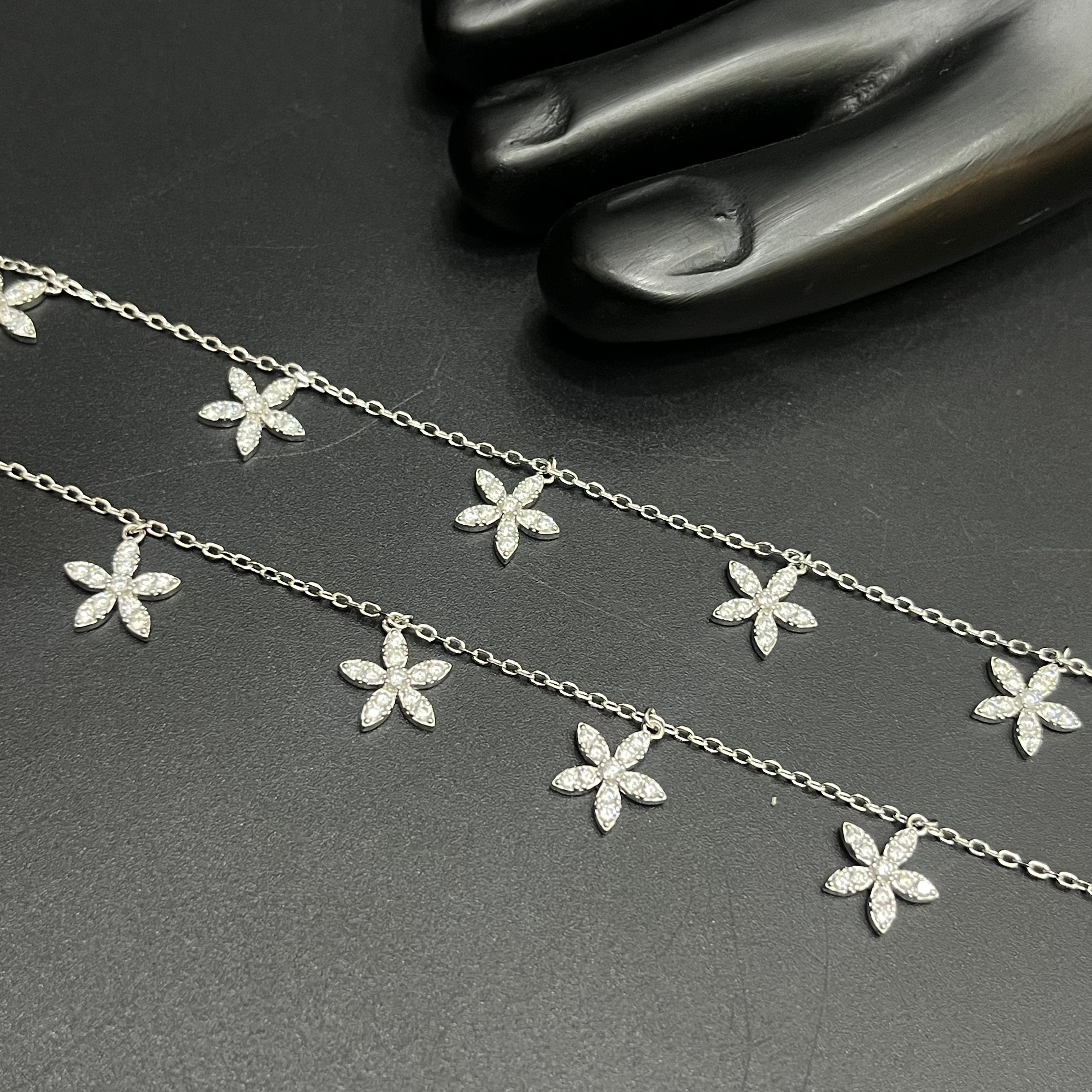 Silver Ladies Anklet Premium Petal Hanging Drop 925