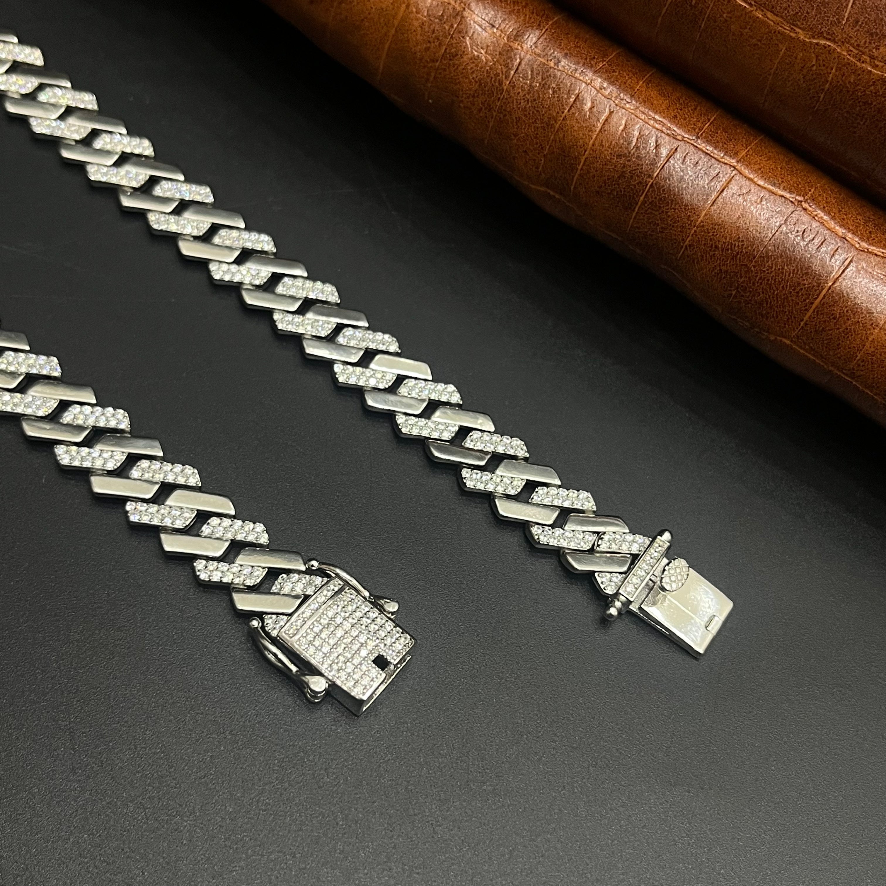 Silver Mens Chain Luxury Cuban Cut Diamond Stones M02 925