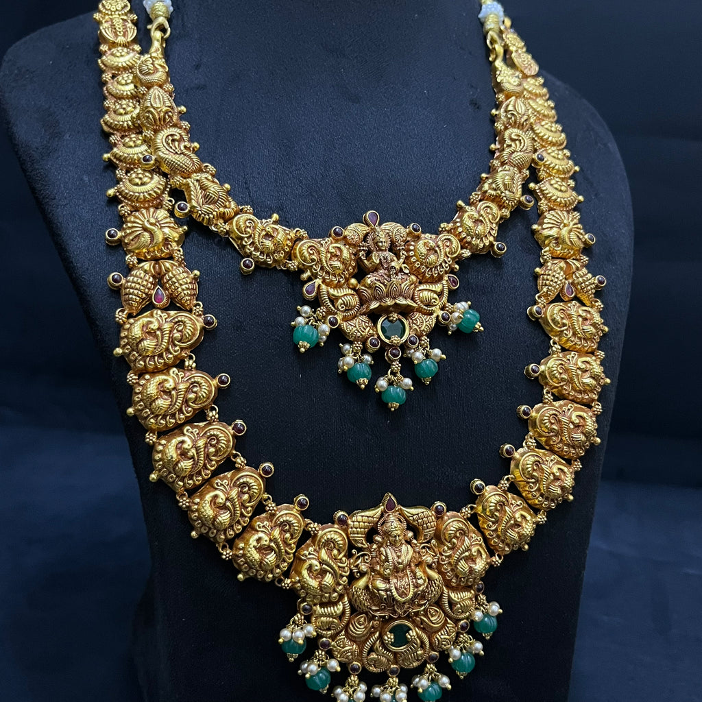 Silver Ladies Necklace And Haram Antique Lakshmi Devi Green Nakshatra Gold Finish 925