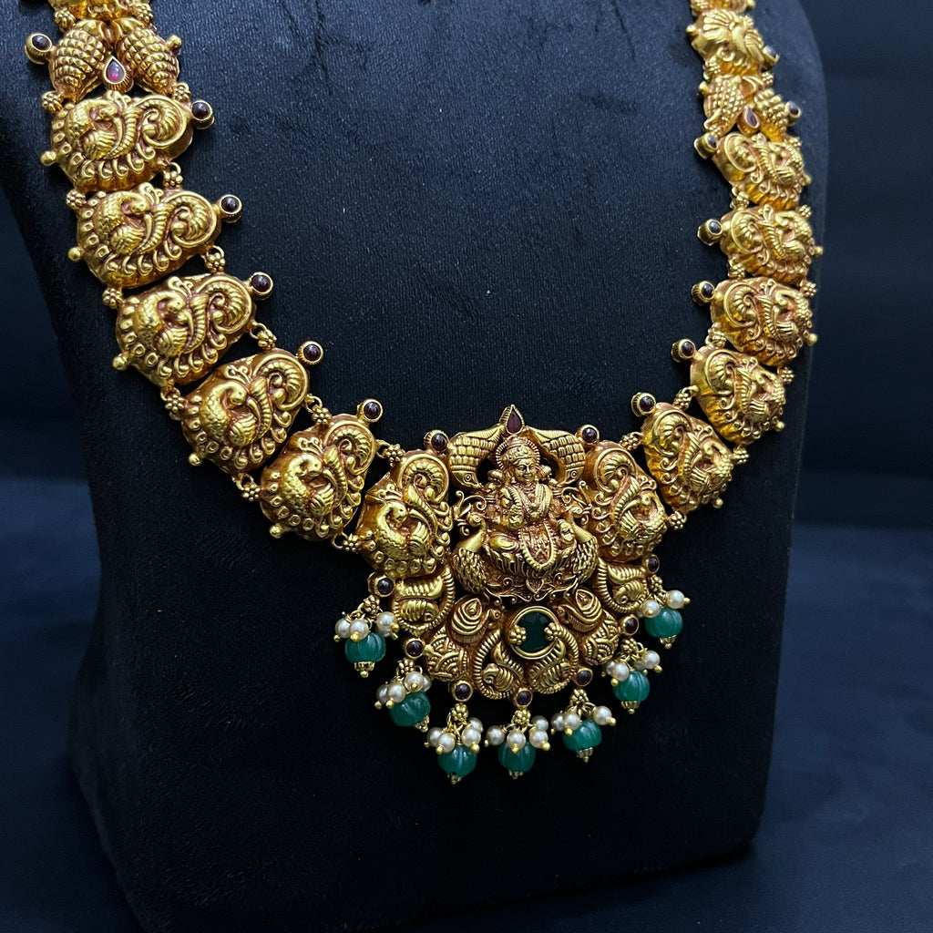 Silver Ladies Necklace And Haram Antique Lakshmi Devi Green Nakshatra Gold Finish 925