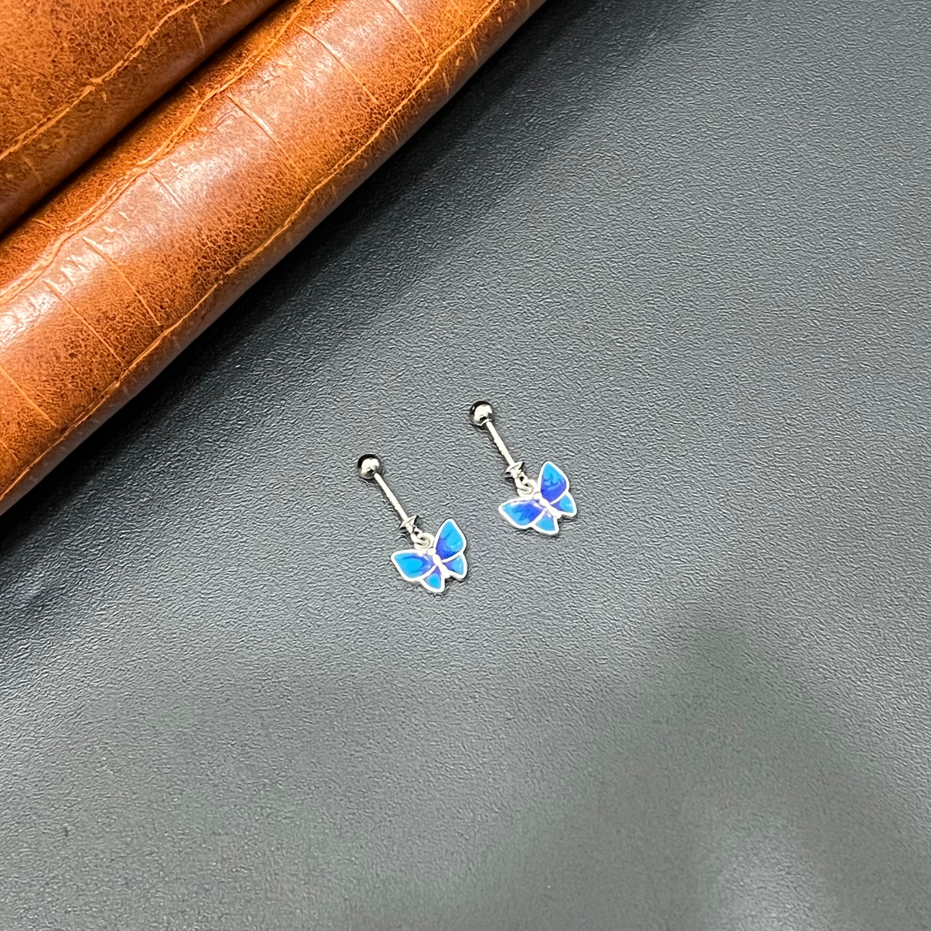 Silver Helix Studs Blue Butterfly