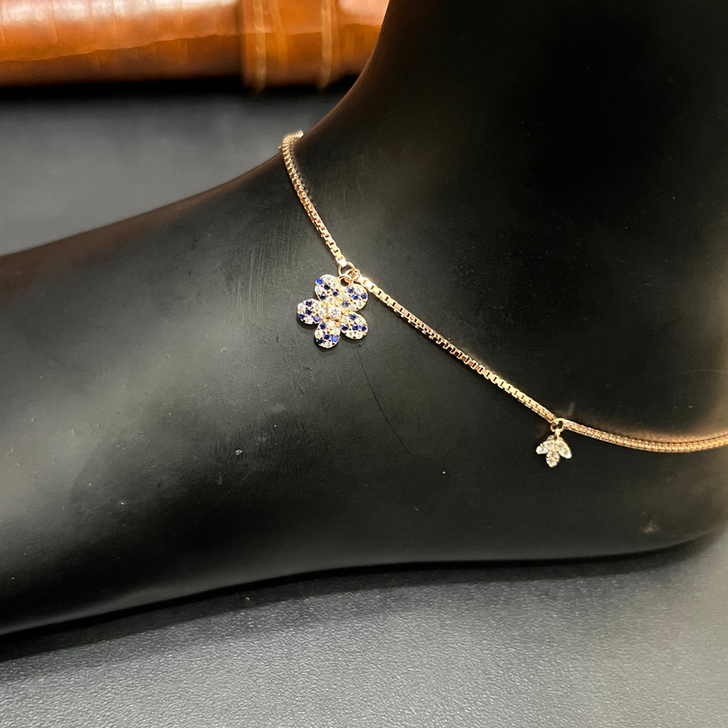 Silver Ladies Anklet Blue Blossom Sparkle Rose Gold 925