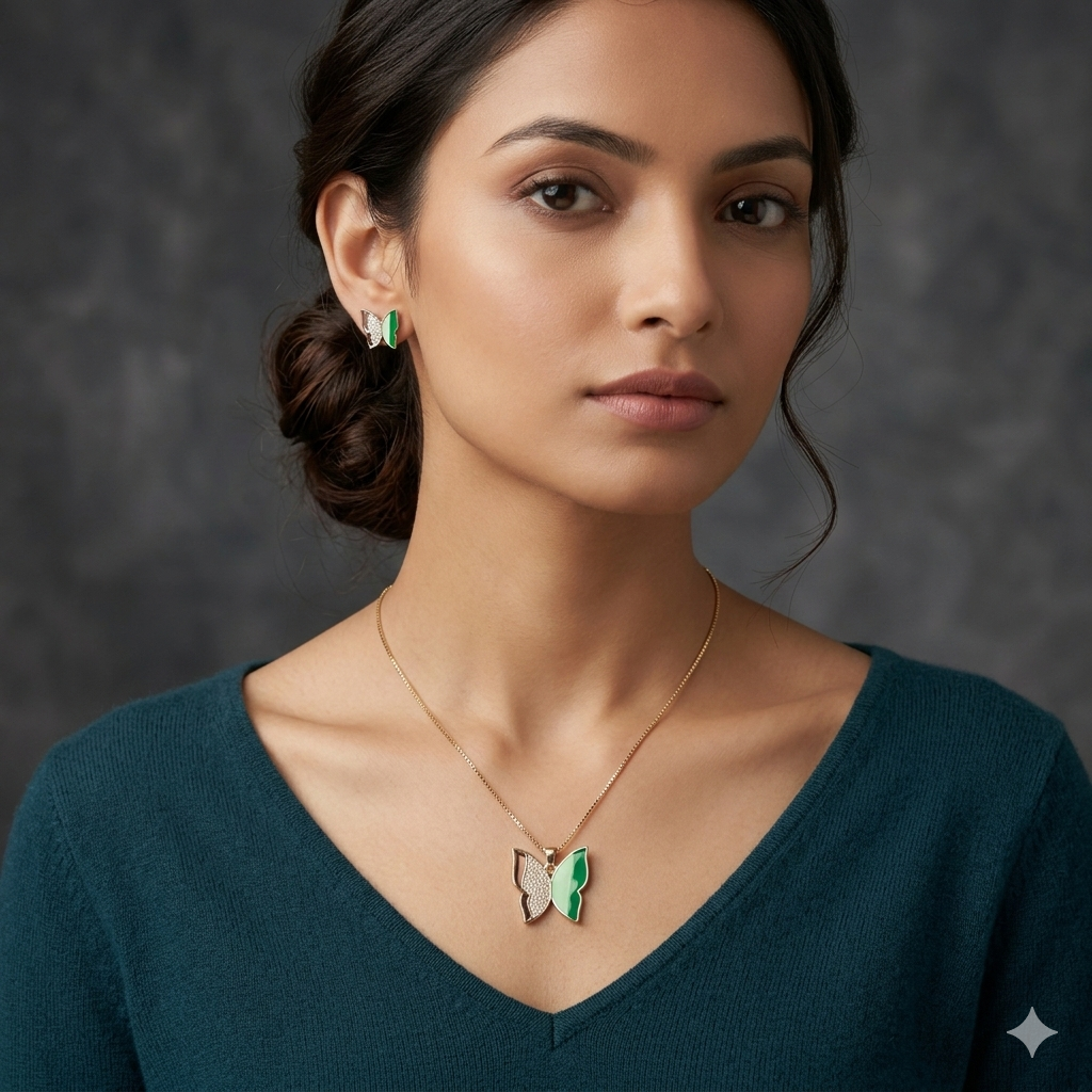 Silver Ladies Chain Set Butterfly Green & Black RG