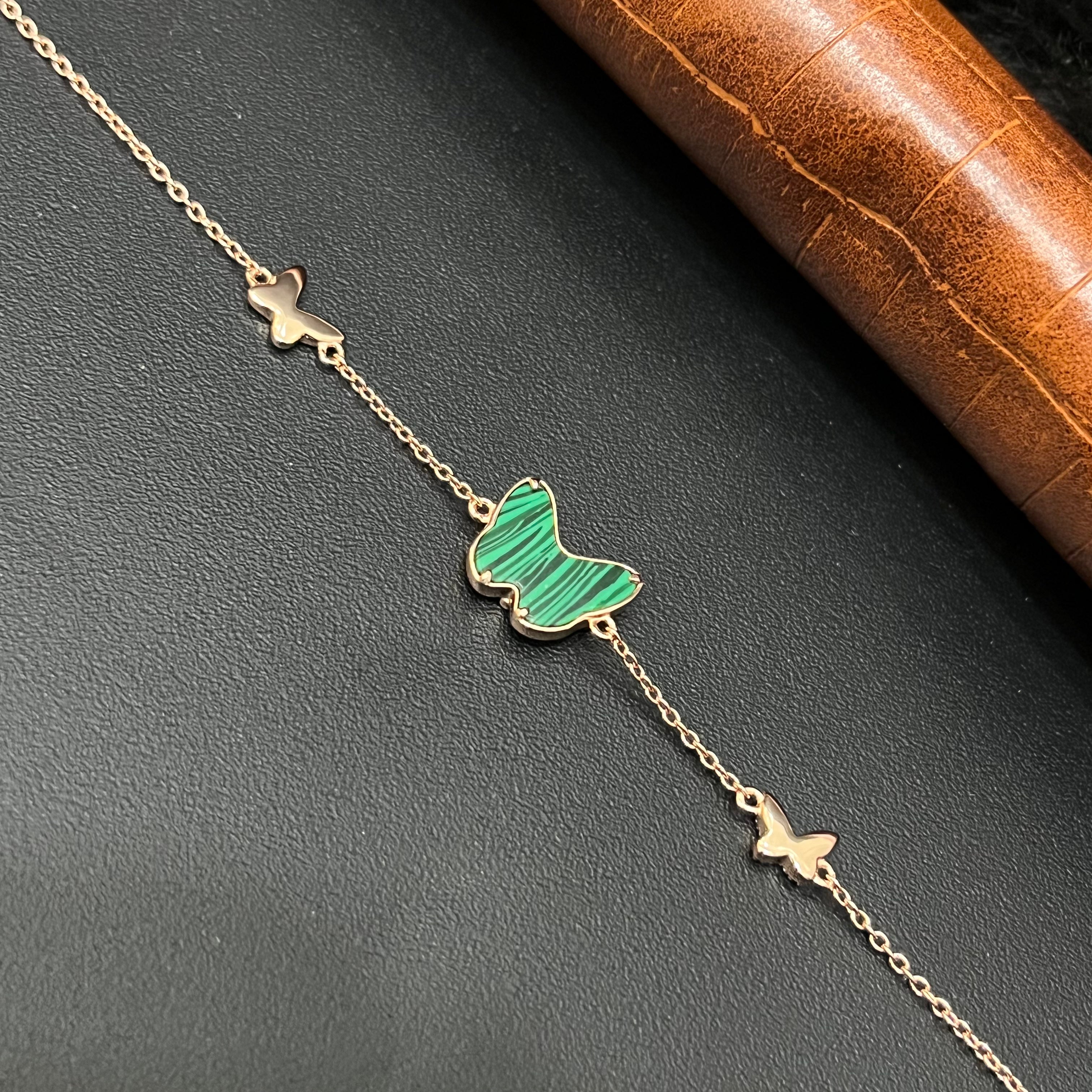 Silver Ladies Bracelet Green Matt Butterfly Rosegold