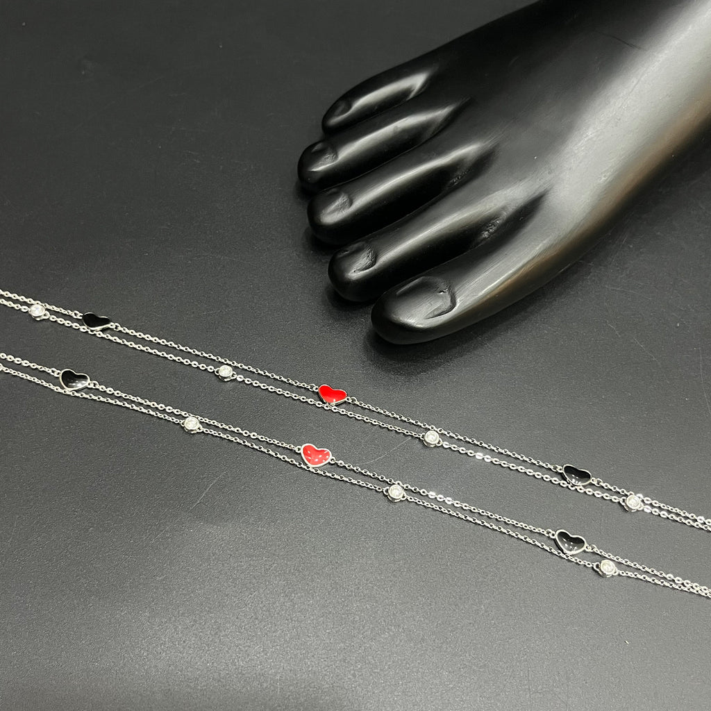 Silver Ladies Anklet Enamel Heart & Solitaire Stone 925
