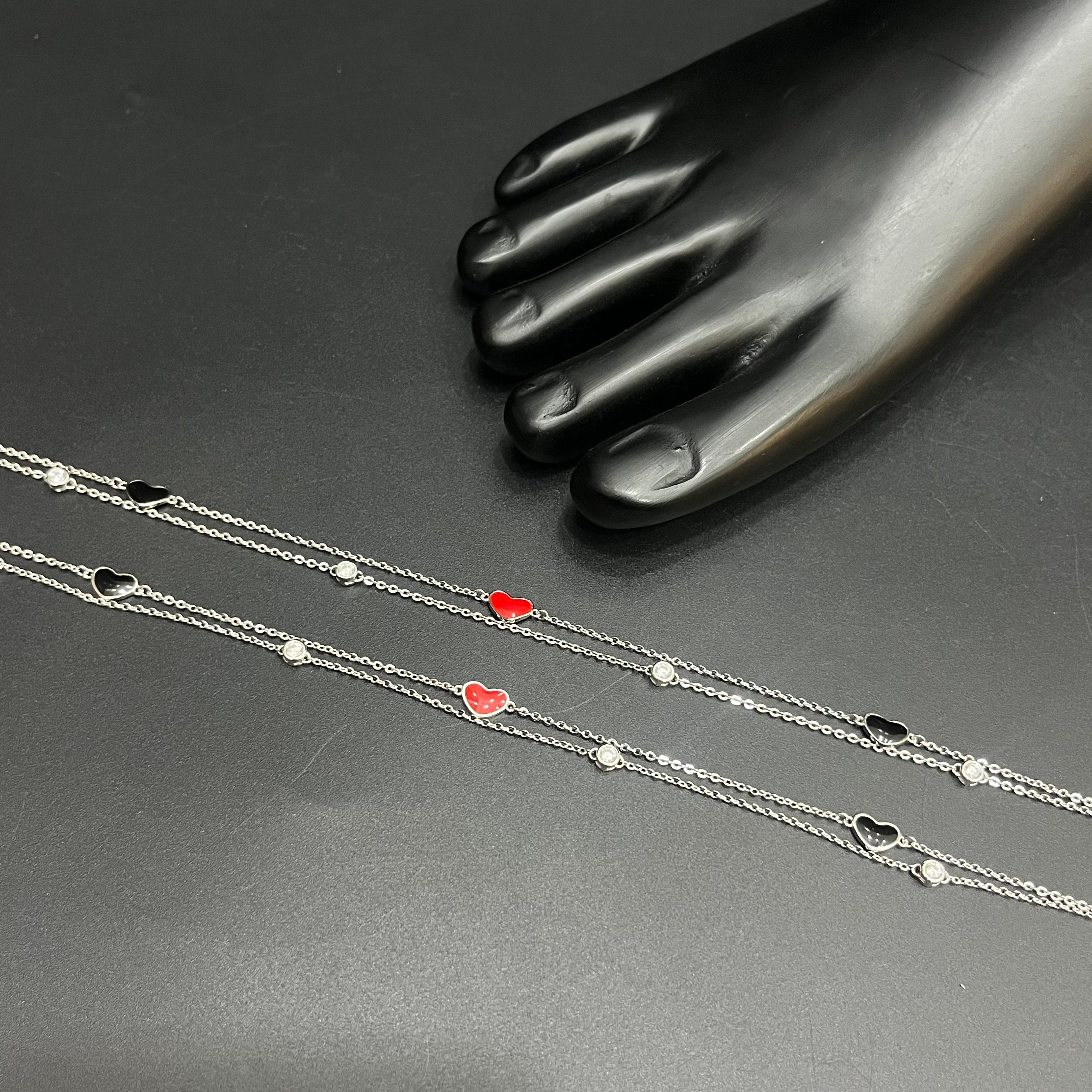 Silver Ladies Anklet Enamel Heart & Solitaire Stone 925