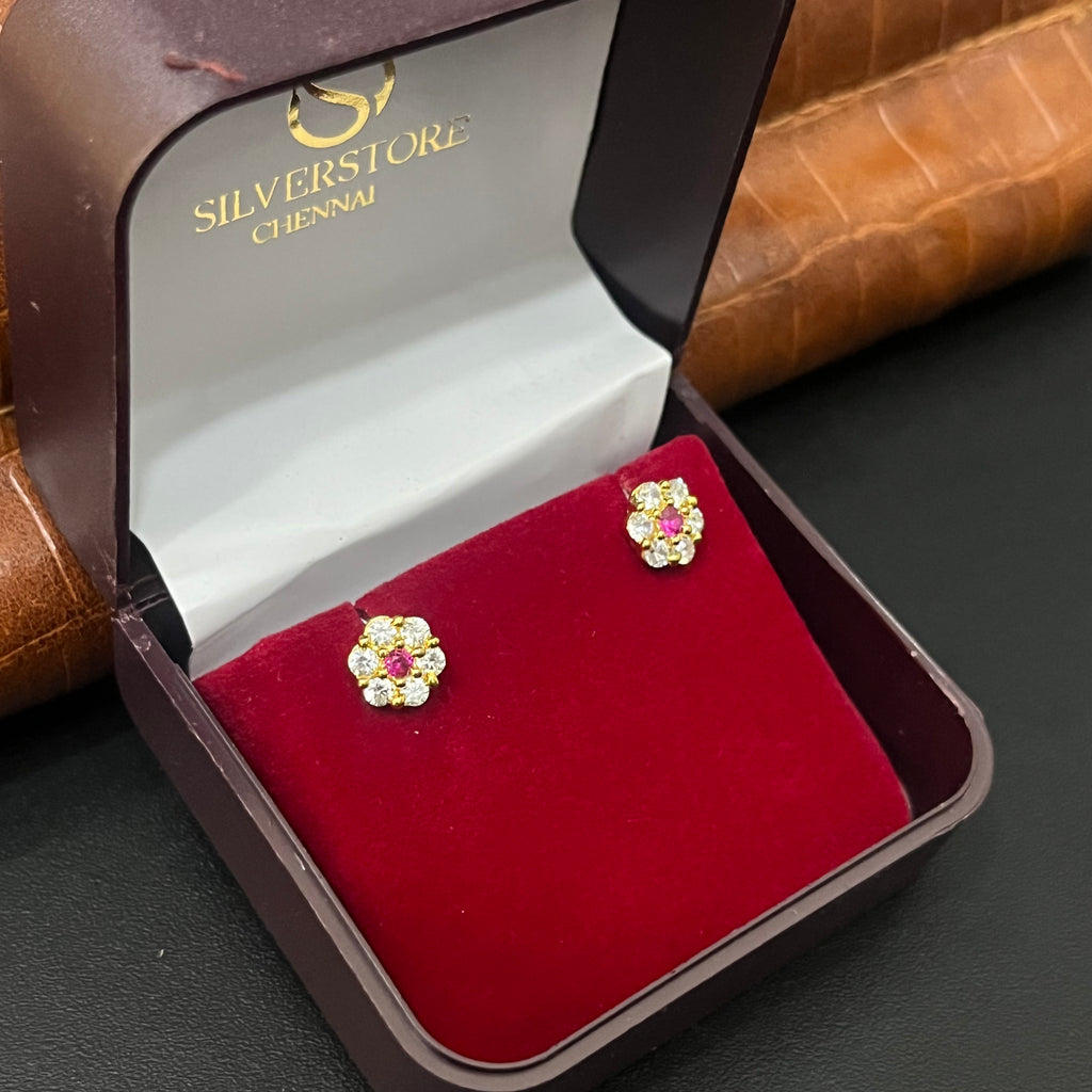 Silver Ladies Stud Flower white And Pink Stone Gold Finished 925