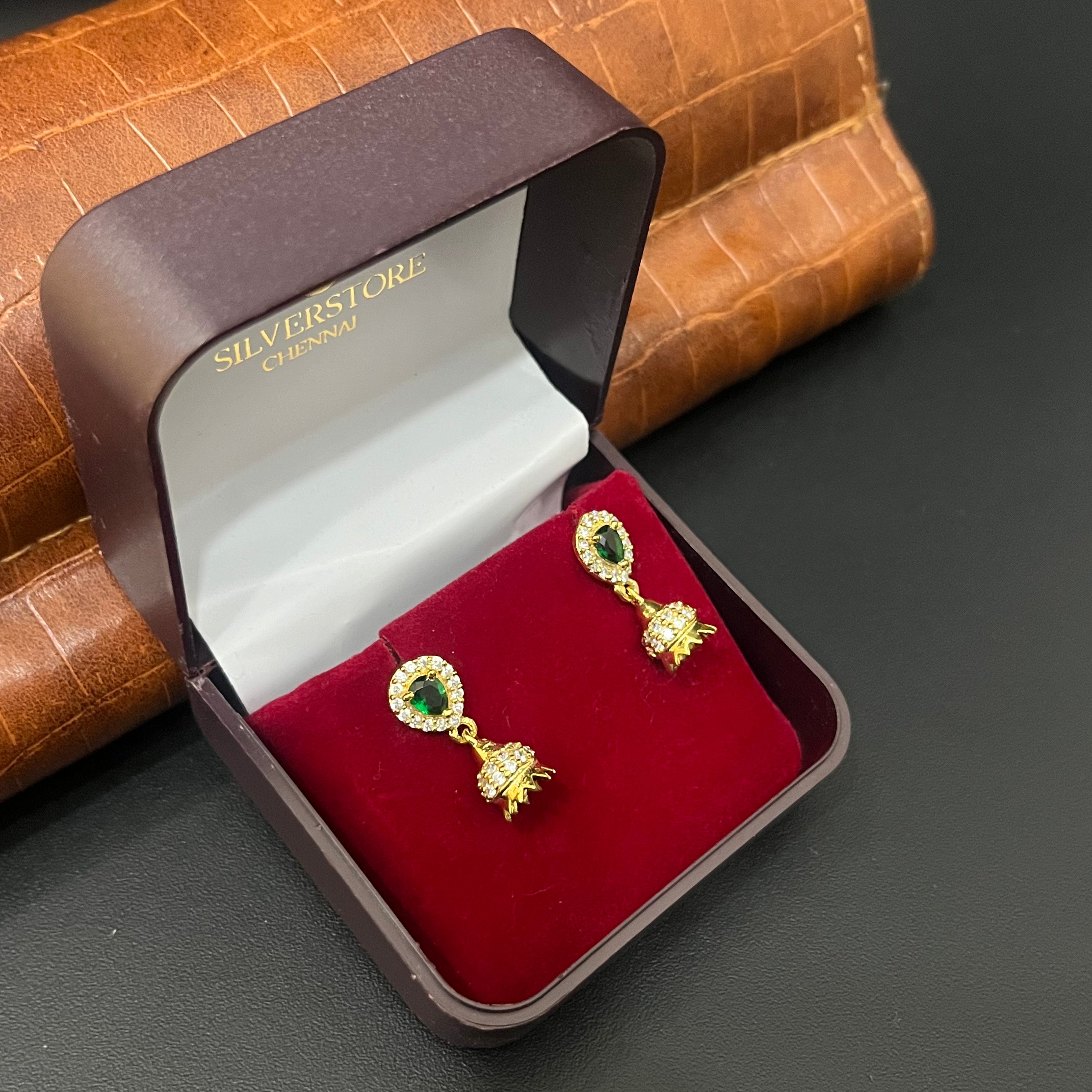 Silver Ladies Stud Green Stone Gold Finished 92.5