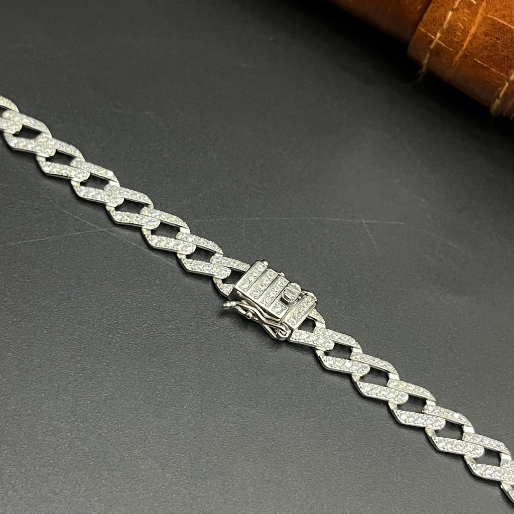 Silver Mens Chain Cuban Crystal Stone Premium Finish 925