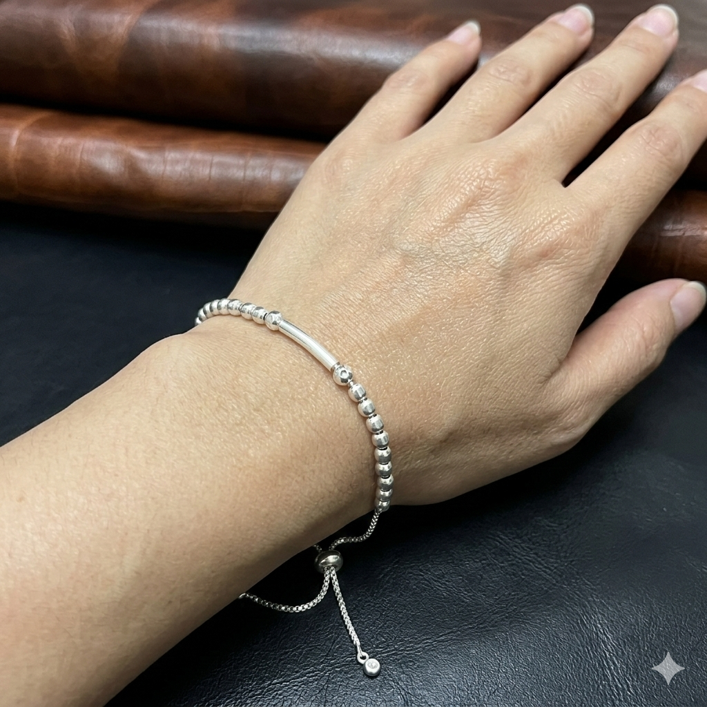 Silver Ladies Bracelet Balls Adjustable Loop